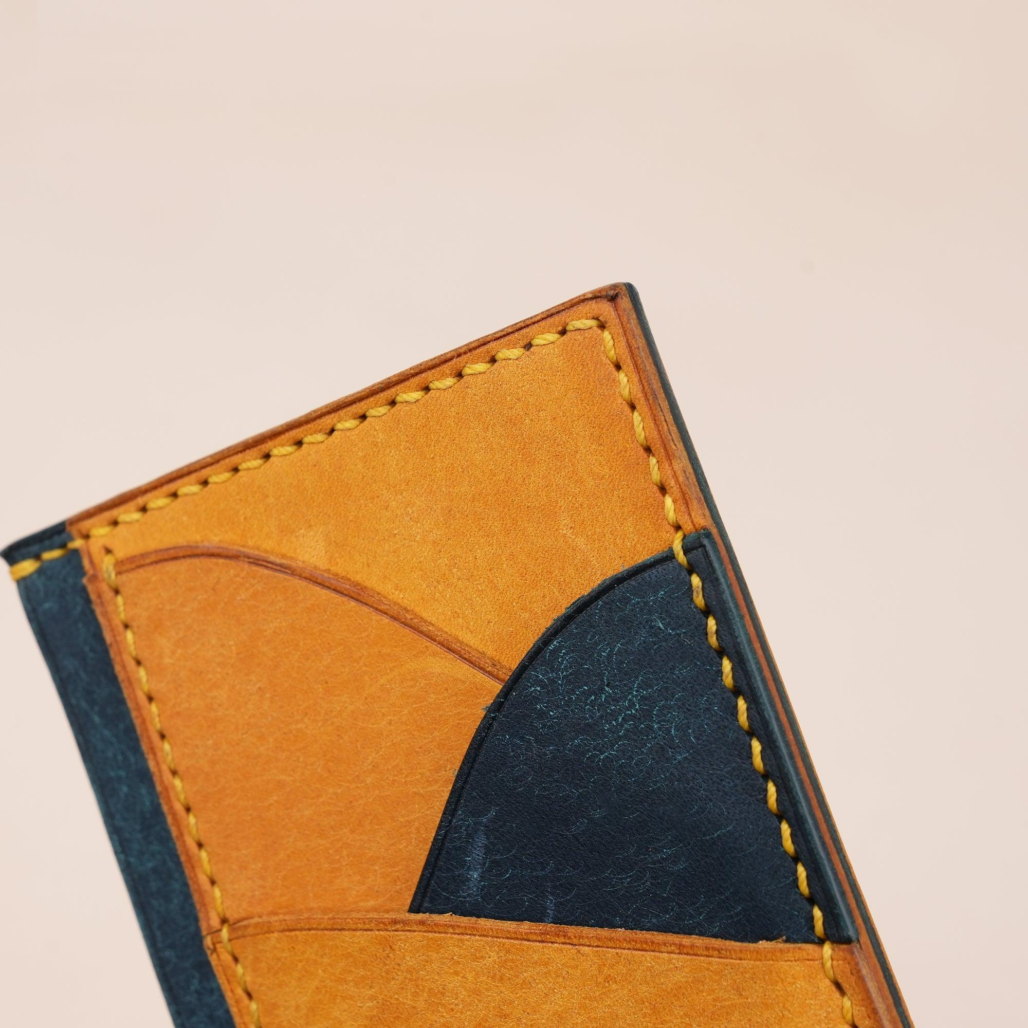 Vertical Golden and Navy Pueblo Leather Card Holder Wallet Slim - WildandKing