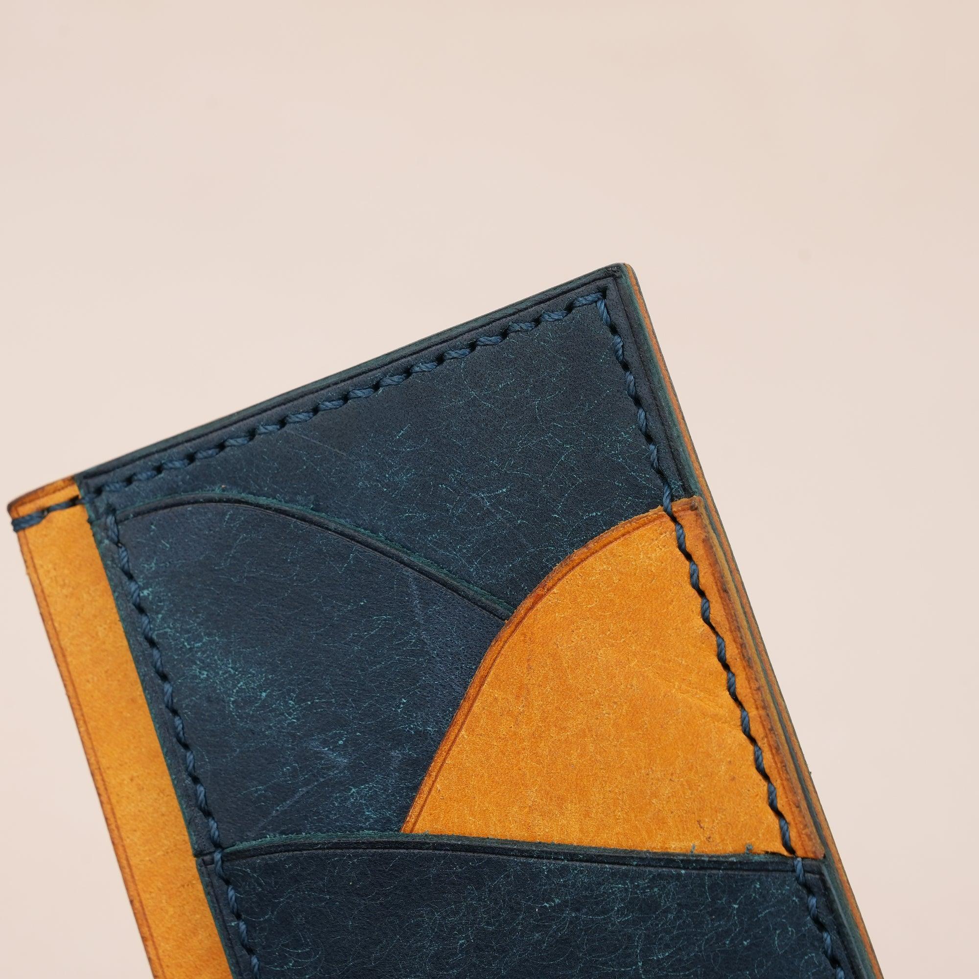 Vertical Navy and Golden Pueblo Leather Card Holder Wallet Slim - WildandKing