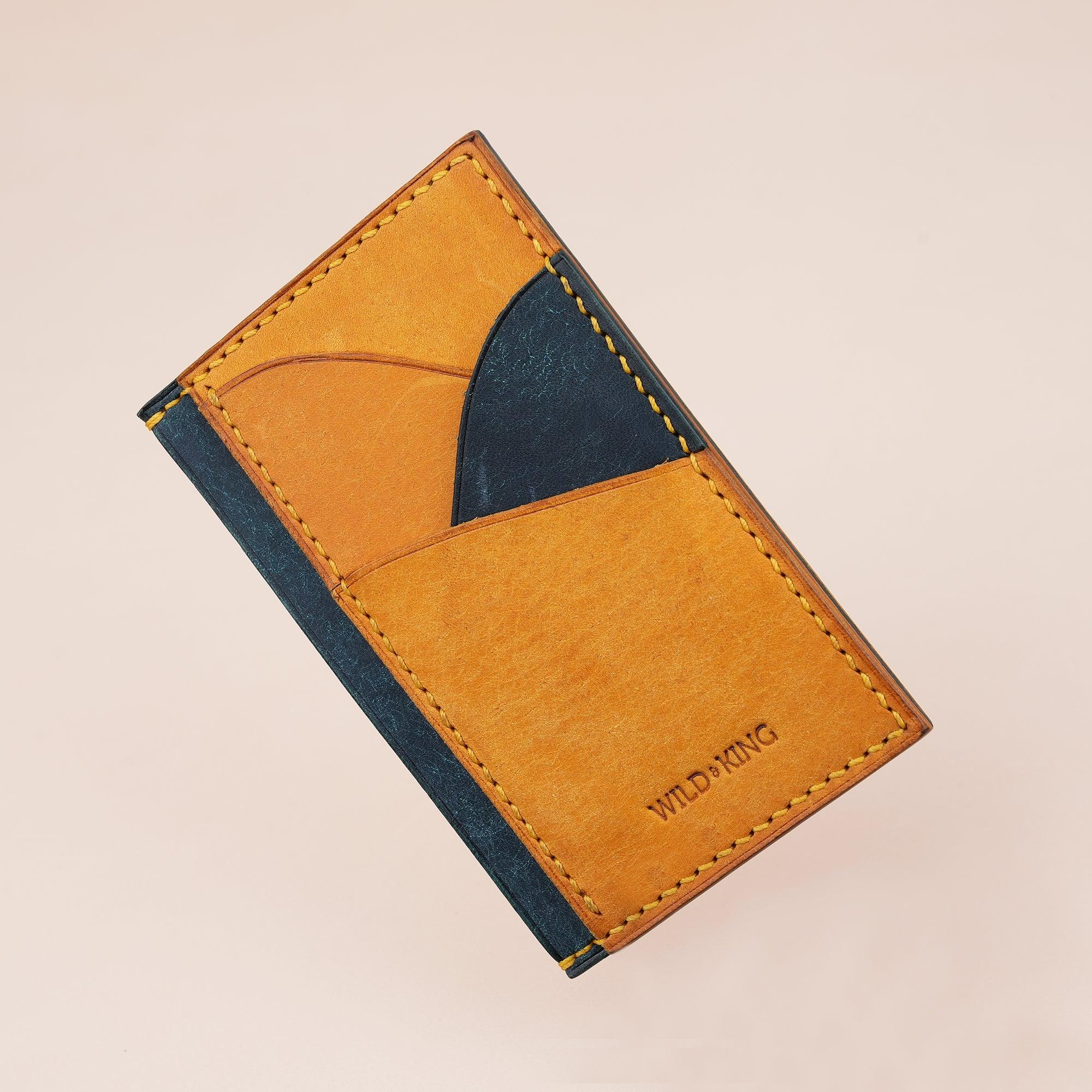 Vertical Golden and Navy Pueblo Leather Card Holder Wallet Slim - WildandKing