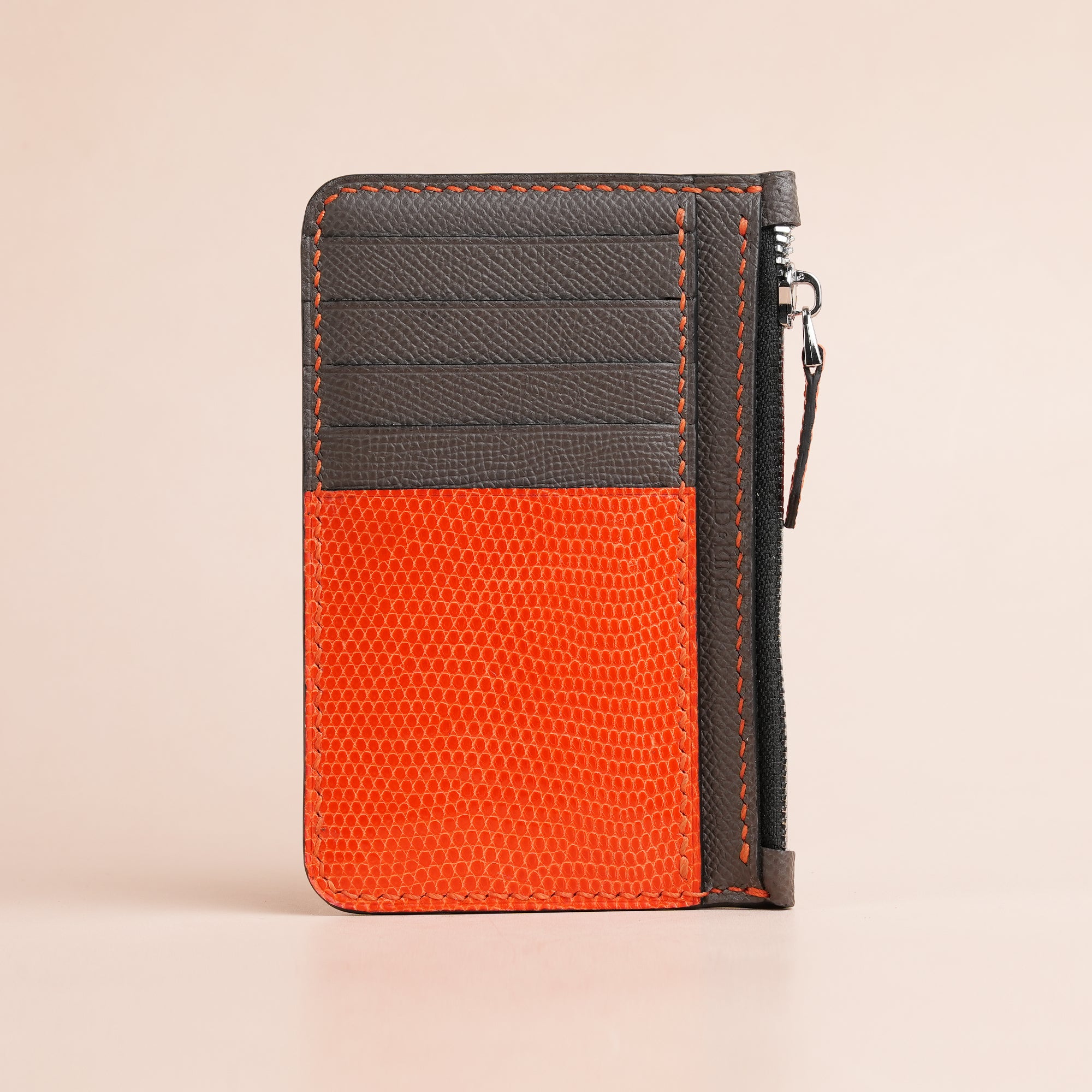 Gray Epsom Leather Mix Orange Lizard Leather Zipper Wallet - Extra