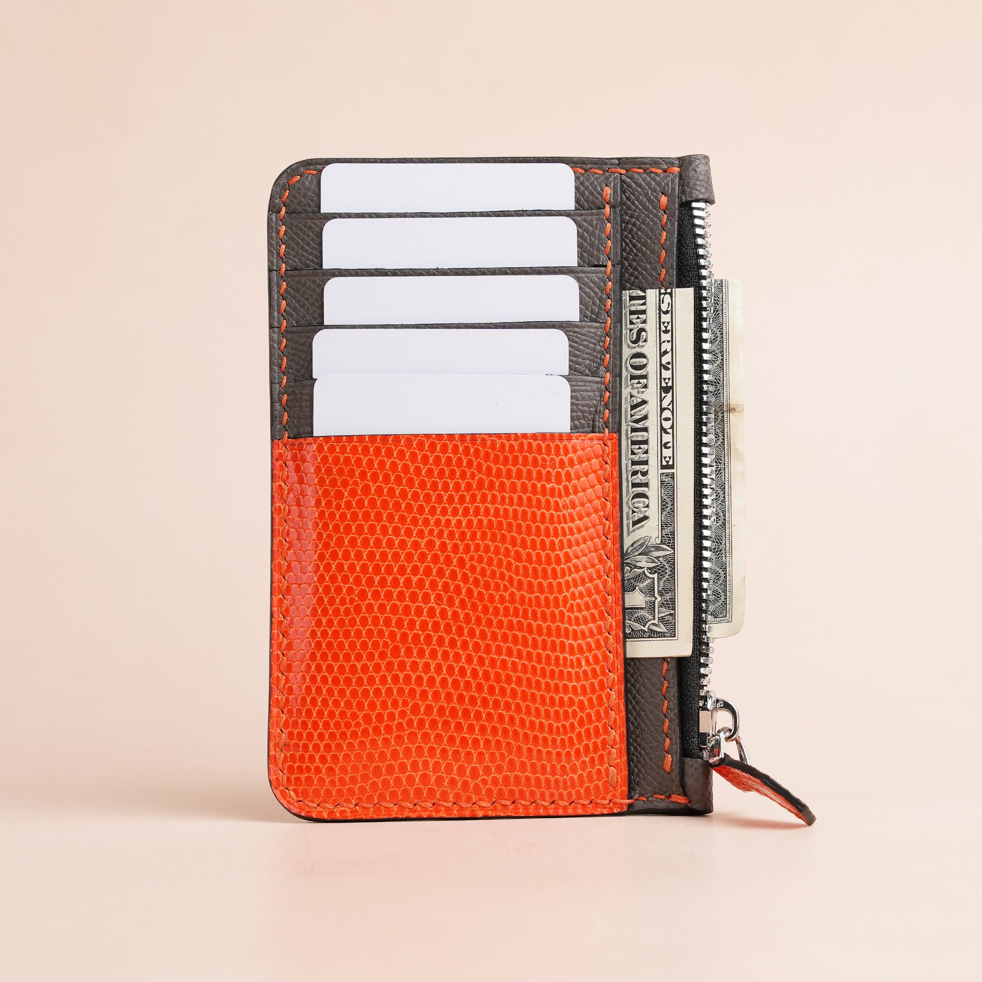 Gray Epsom Leather Mix Orange Lizard Leather Zipper Wallet - Extra