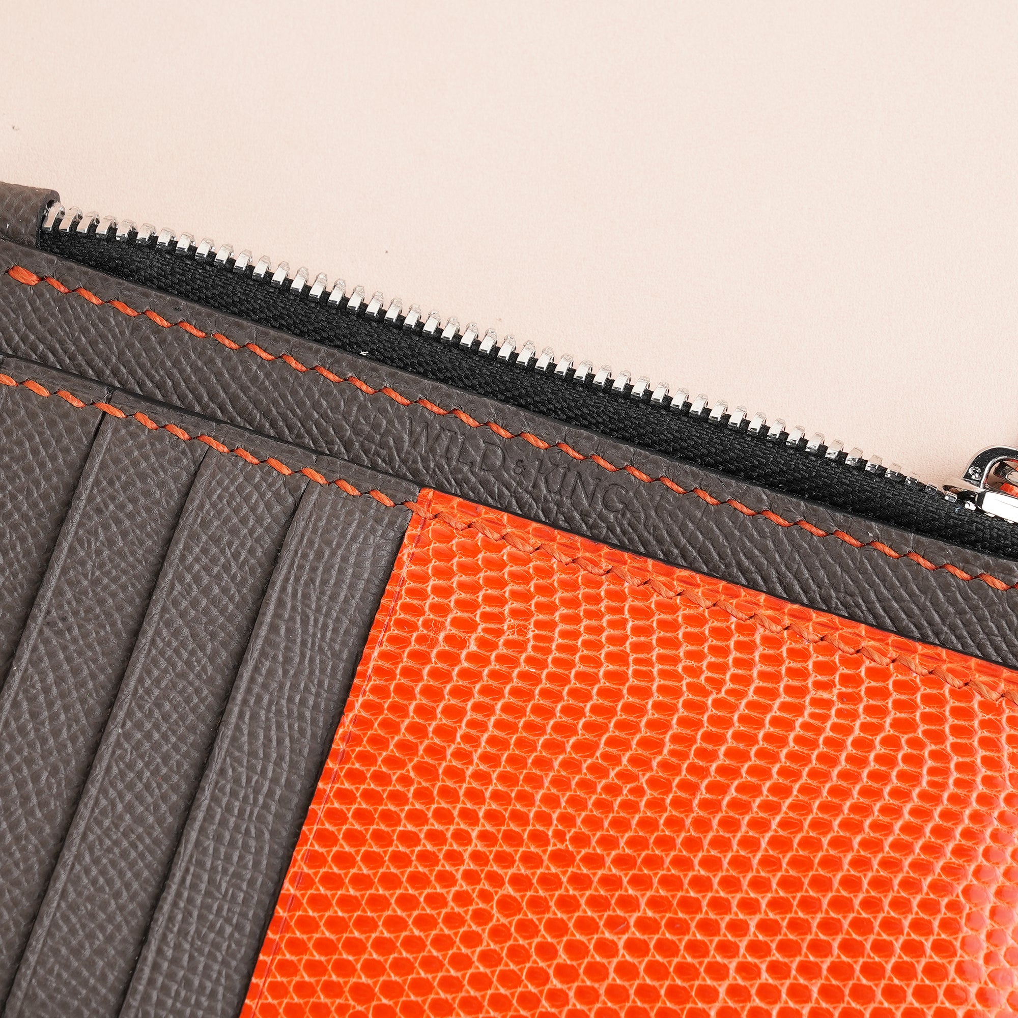 Gray Epsom Leather Mix Orange Lizard Leather Zipper Wallet - Extra