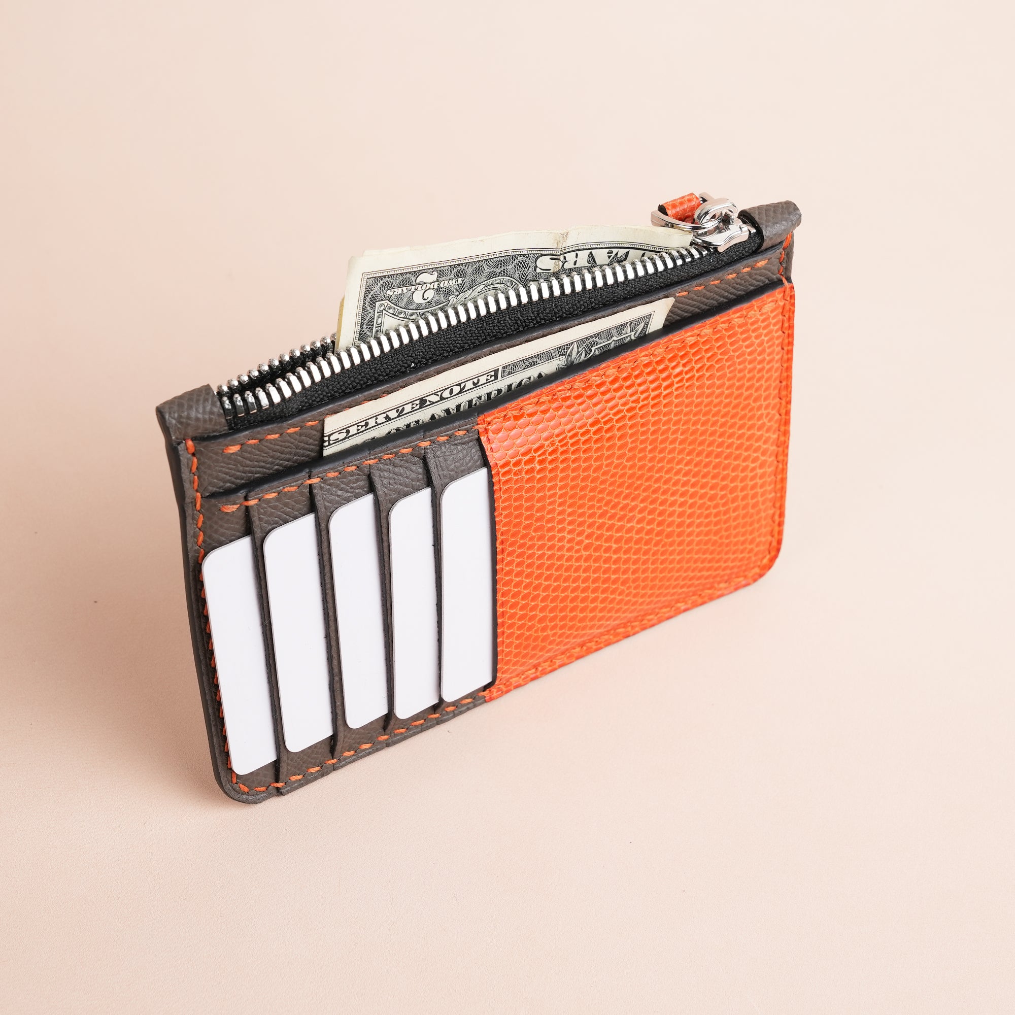 Gray Epsom Leather Mix Orange Lizard Leather Zipper Wallet - Extra