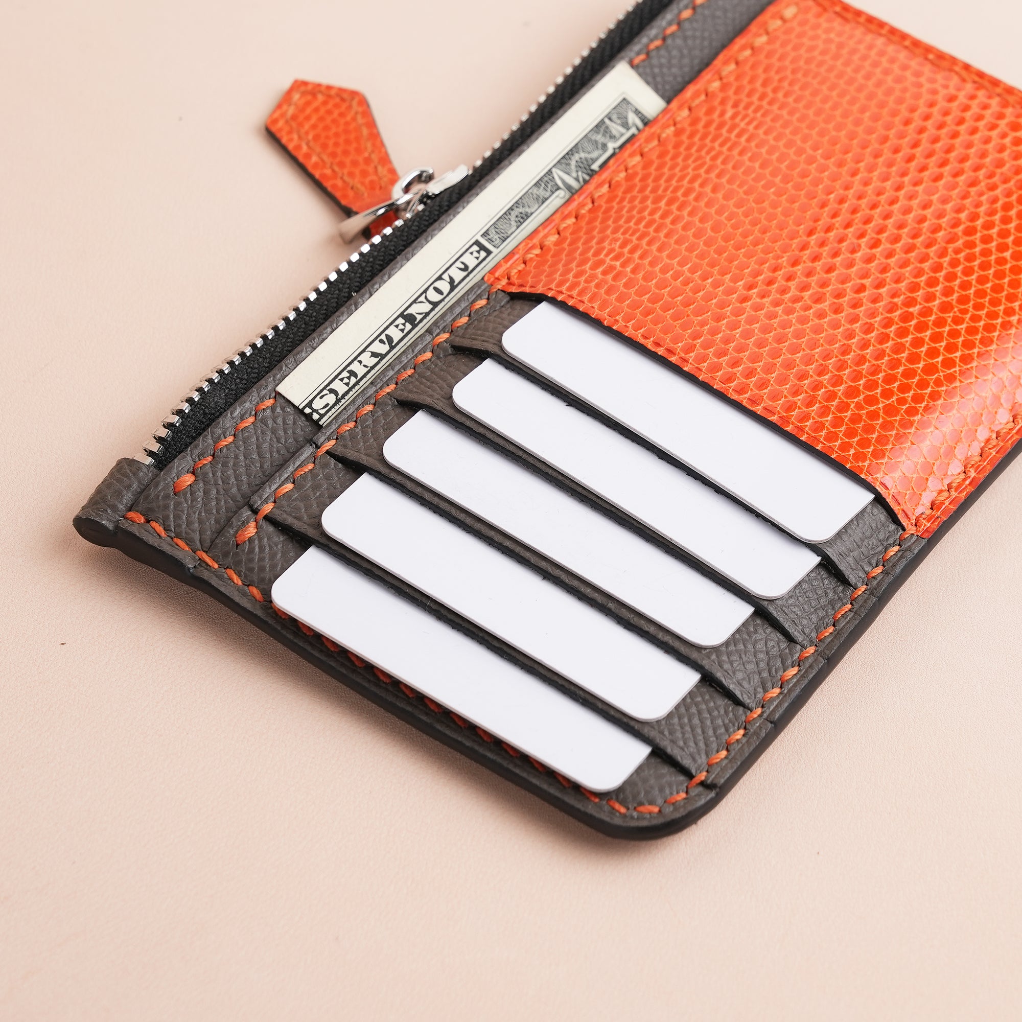 Gray Epsom Leather Mix Orange Lizard Leather Zipper Wallet - Extra
