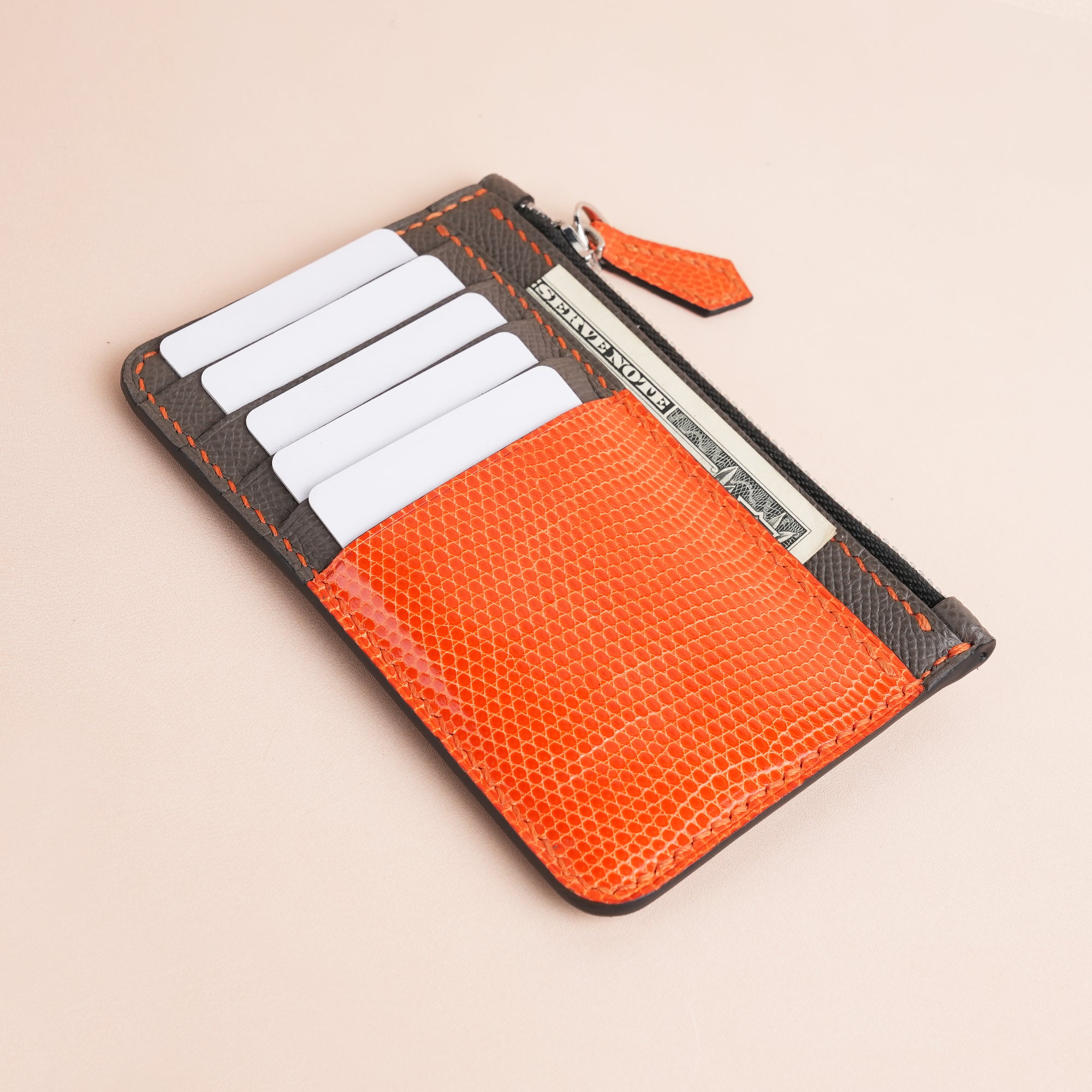 Gray Epsom Leather Mix Orange Lizard Leather Zipper Wallet - Extra