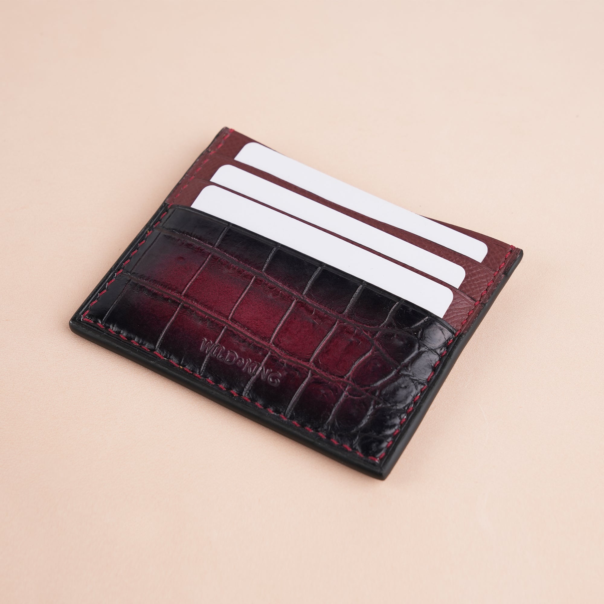 Burgundy Alligator Leather Card Holder - Patina Finish