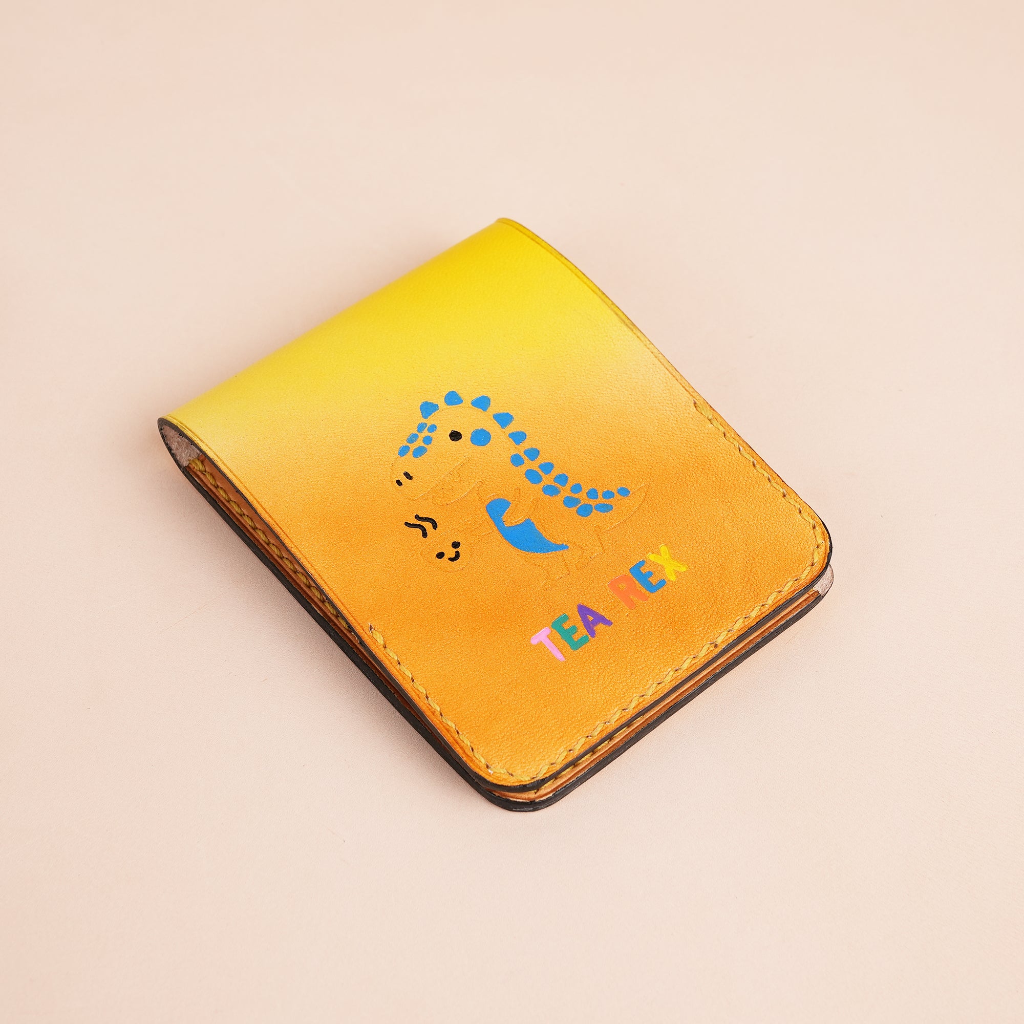 Yellow Leather Snap Wallet Tea-Rex Design - Patina Finish
