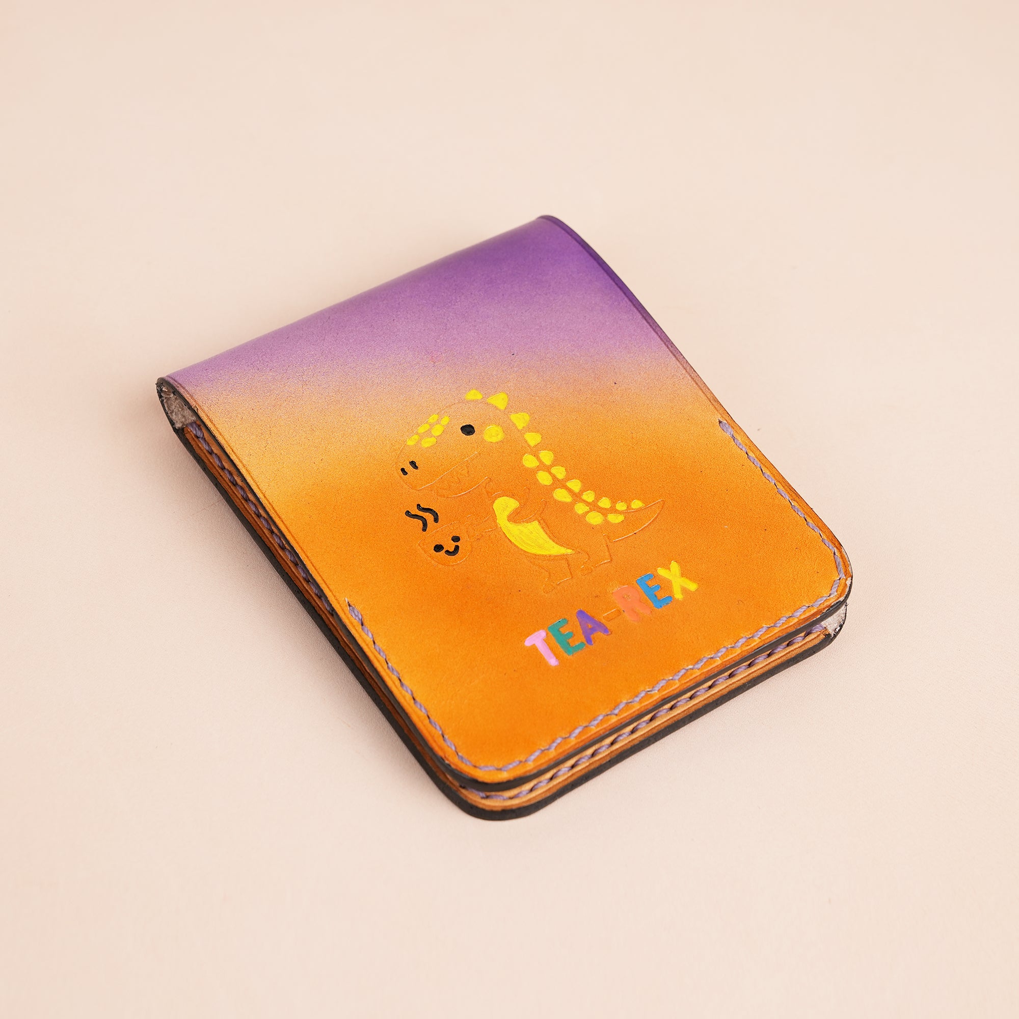 Purple Leather Snap Wallet Tea-Rex Design - Patina Finish