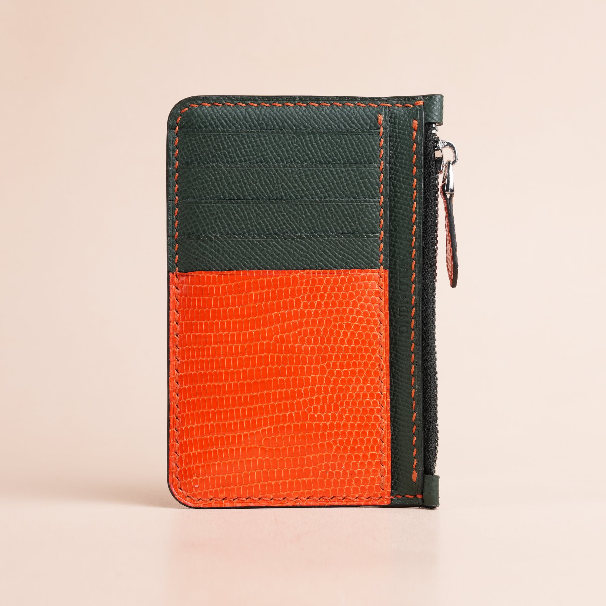 Green Epsom Leather Mix Orange Lizard Leather Zipper Wallet - Extra