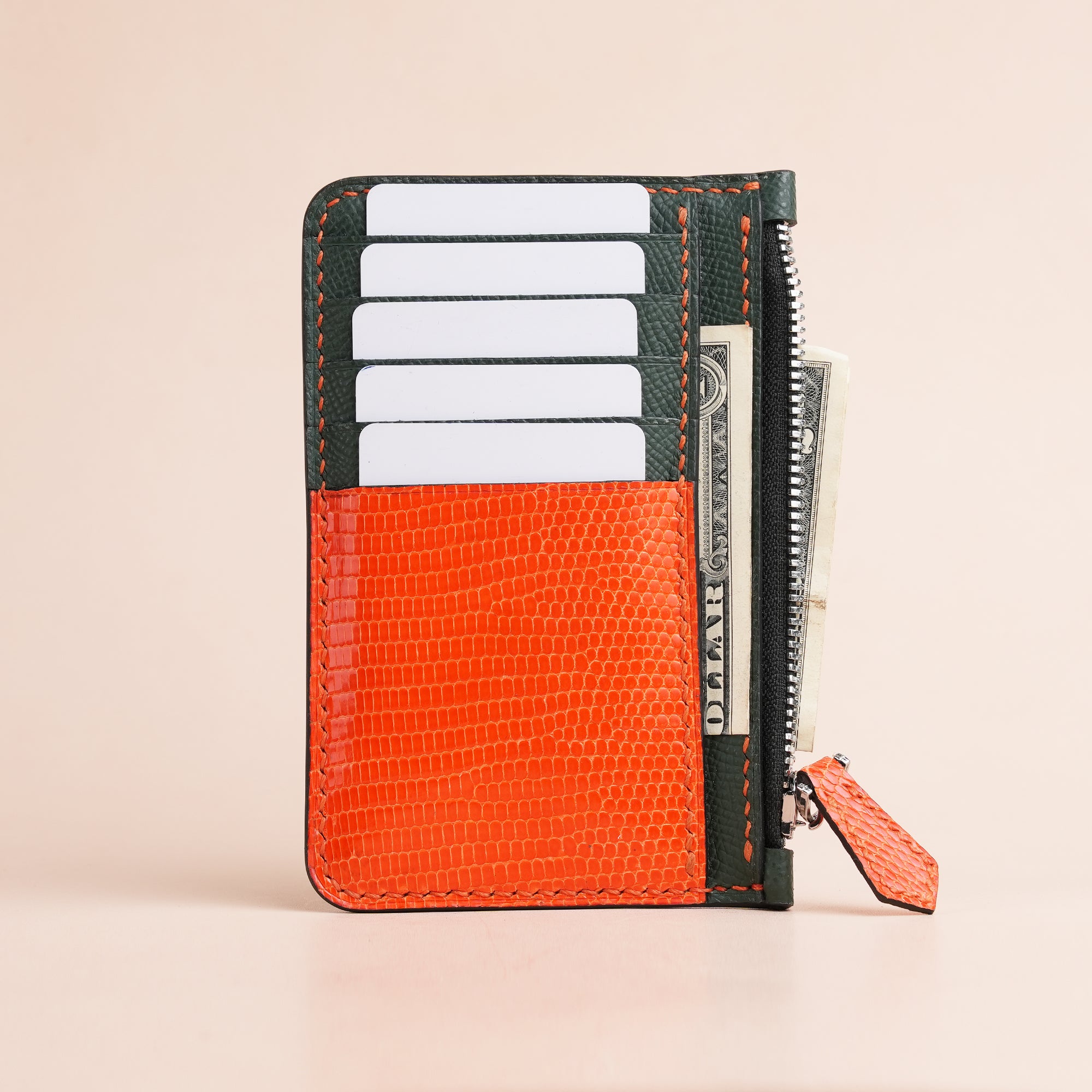 Green Epsom Leather Mix Orange Lizard Leather Zipper Wallet - Extra