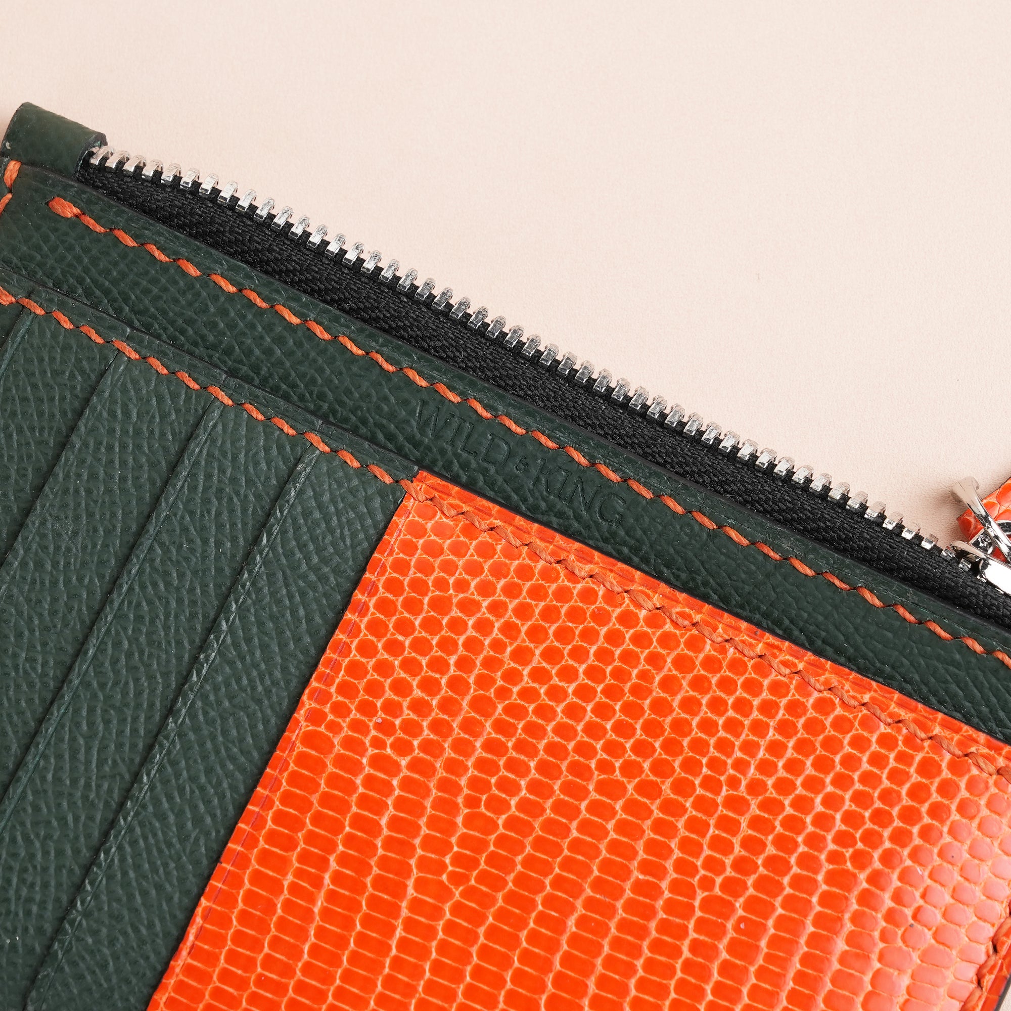 Green Epsom Leather Mix Orange Lizard Leather Zipper Wallet - Extra