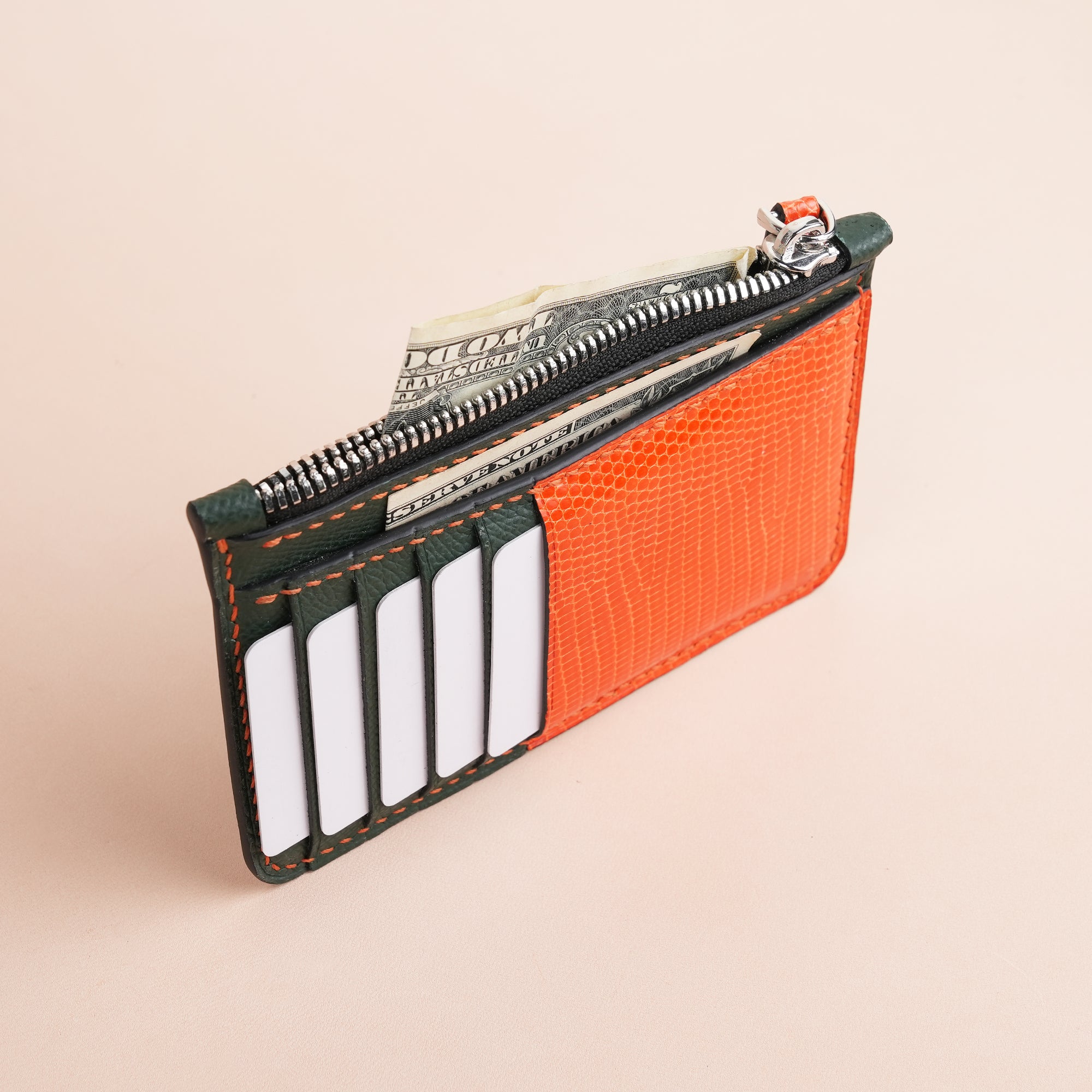 Green Epsom Leather Mix Orange Lizard Leather Zipper Wallet - Extra