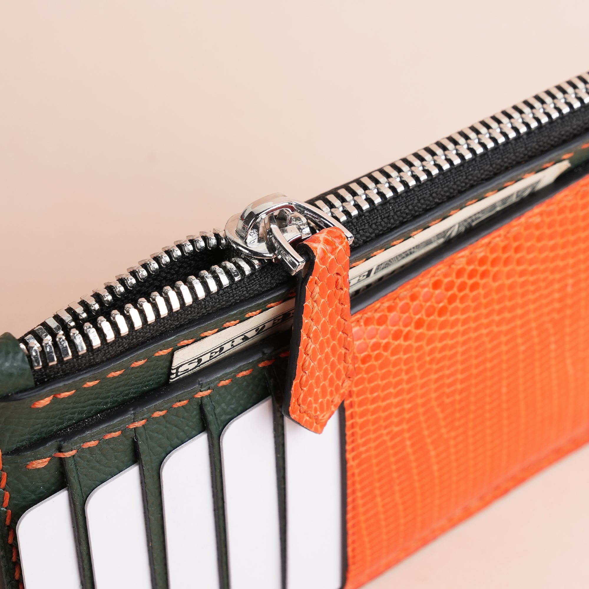 Green Epsom Leather Mix Orange Lizard Leather Zipper Wallet - Extra