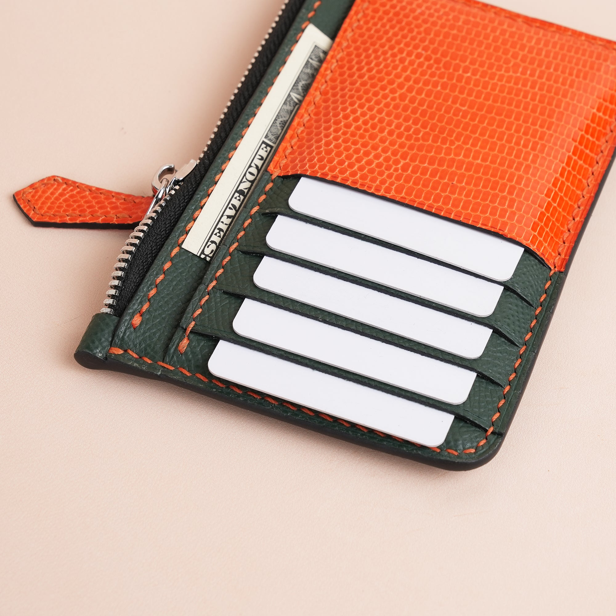 Green Epsom Leather Mix Orange Lizard Leather Zipper Wallet - Extra