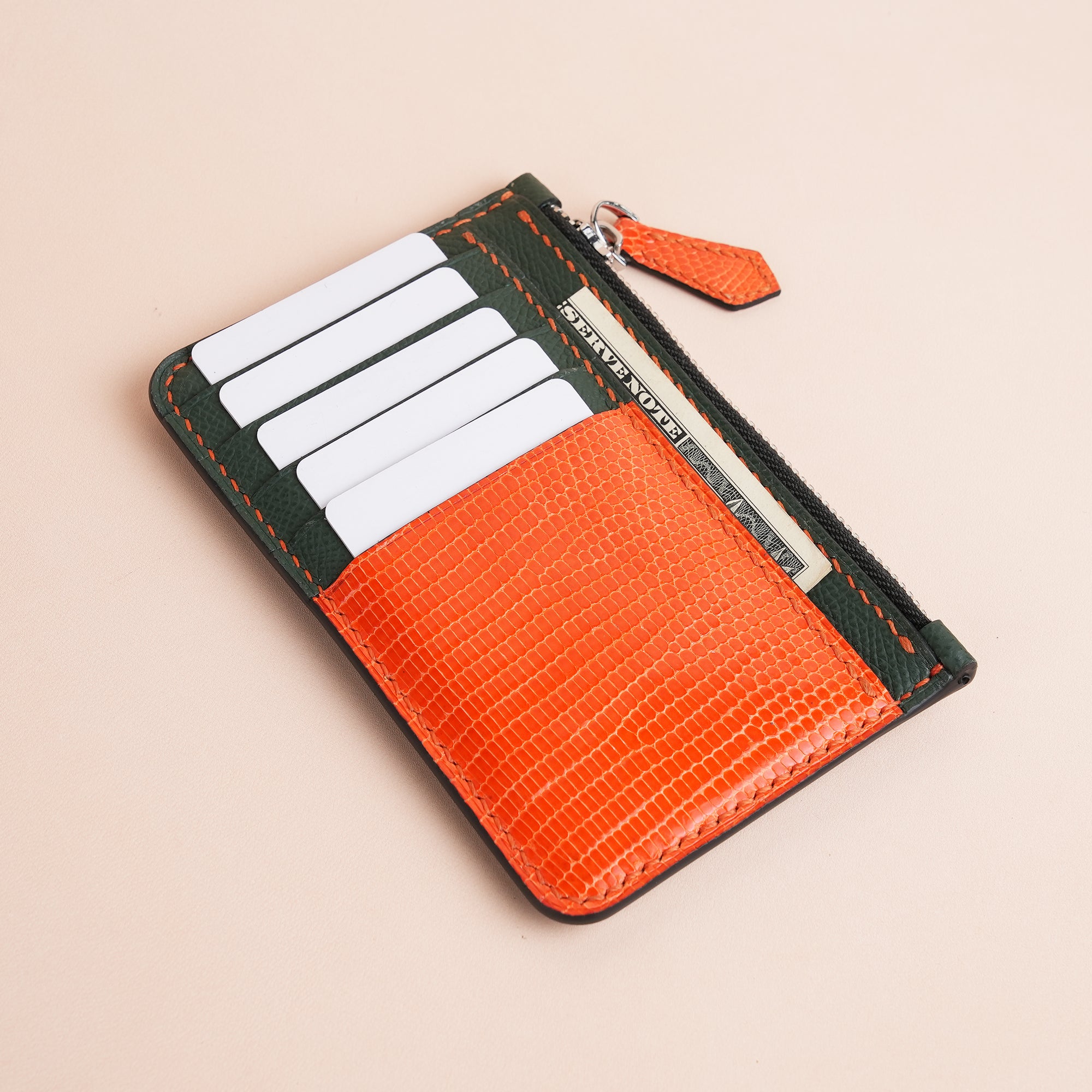 Green Epsom Leather Mix Orange Lizard Leather Zipper Wallet - Extra