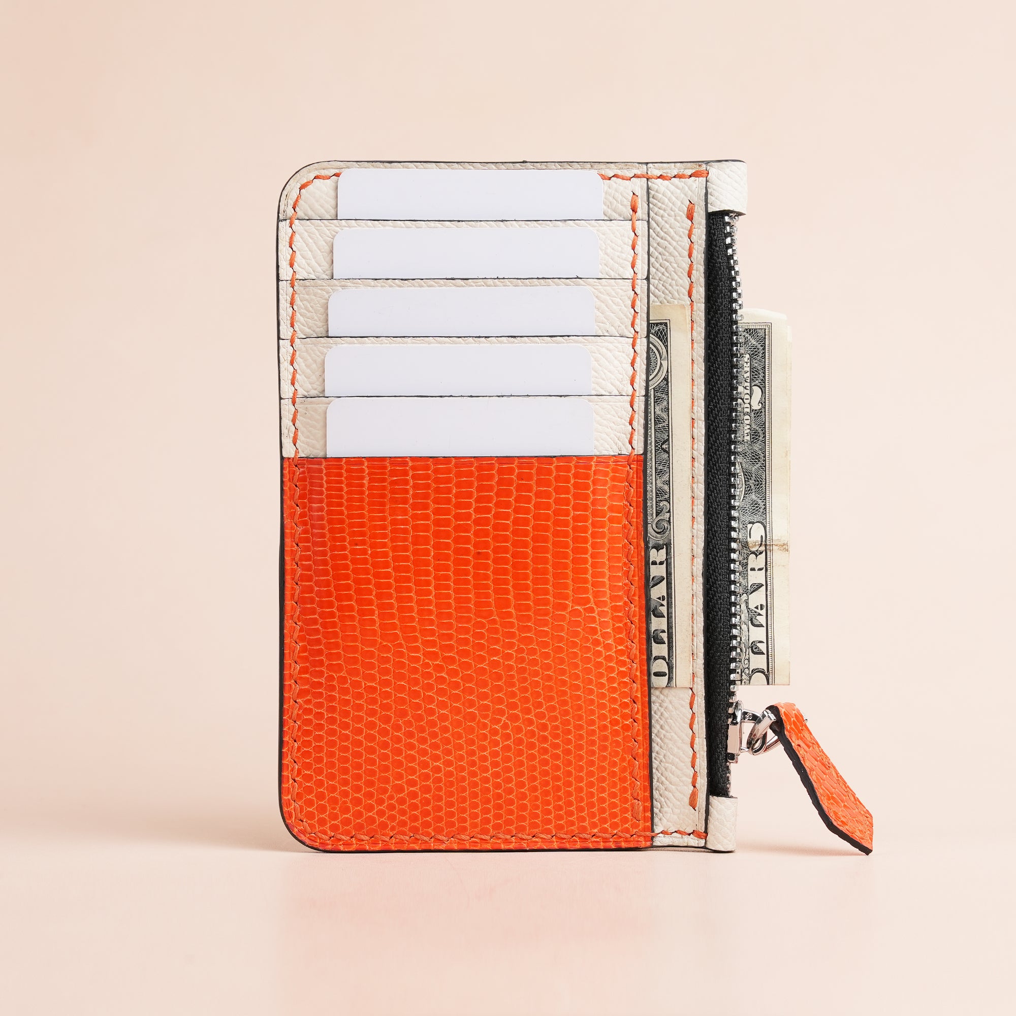 White Epsom mix Orange Lizard Leather Zipper Wallet - Extra
