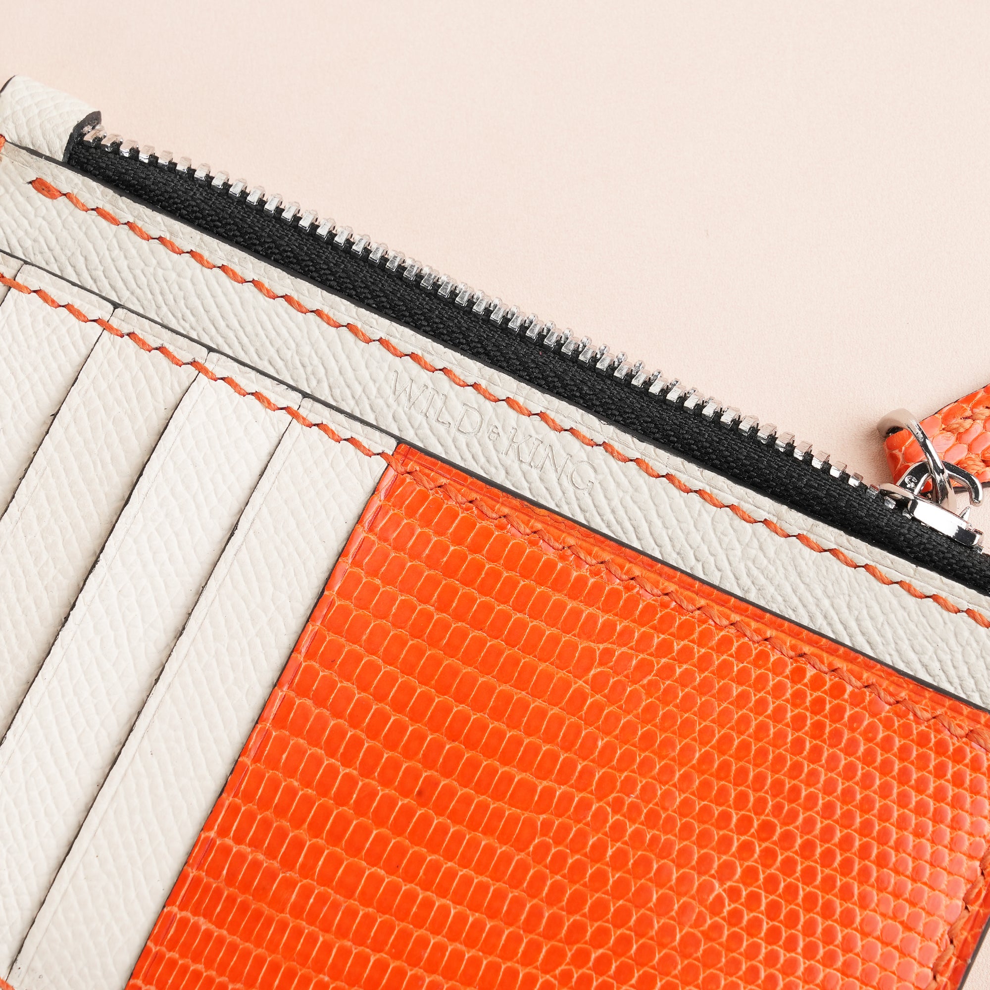 White Epsom mix Orange Lizard Leather Zipper Wallet - Extra
