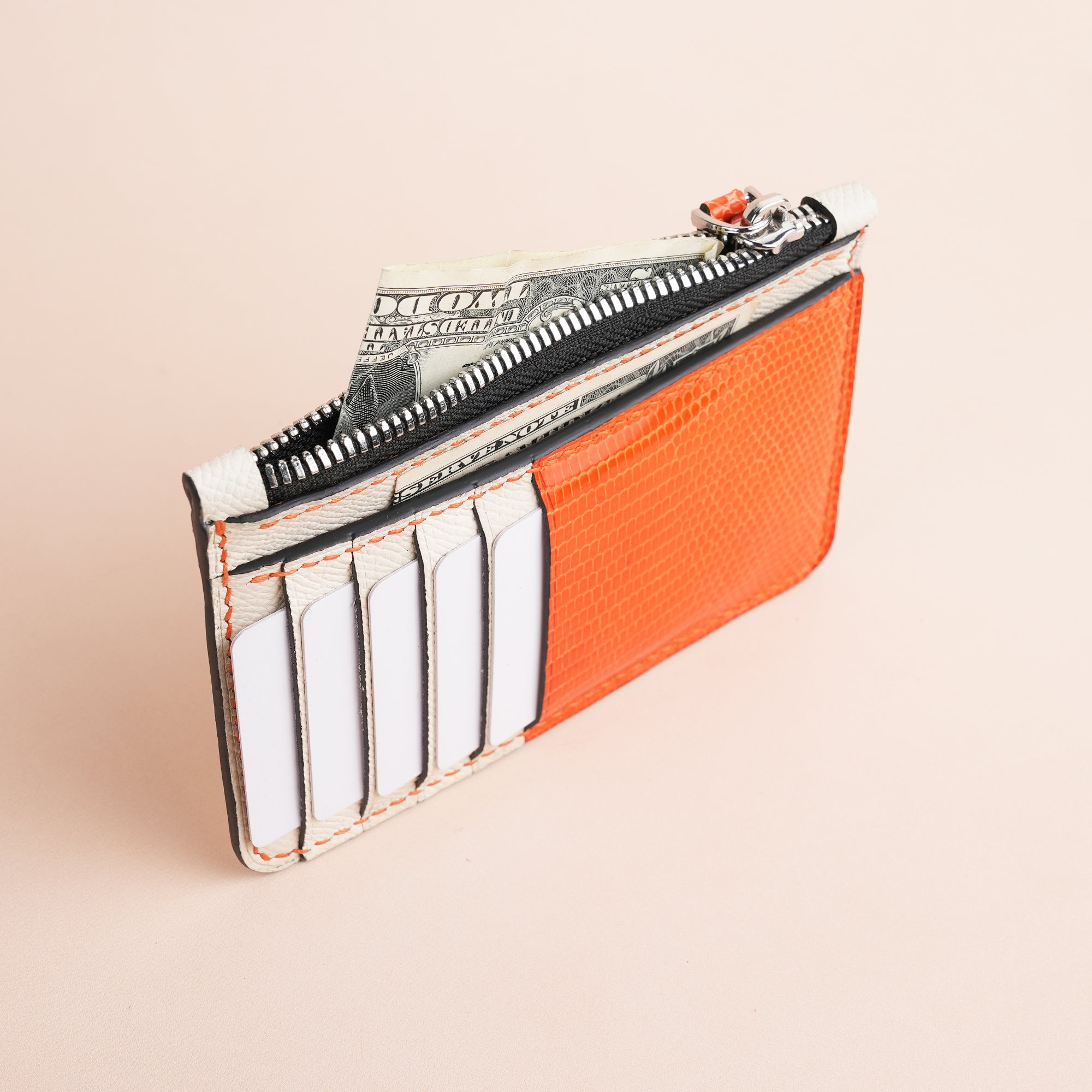 White Epsom mix Orange Lizard Leather Zipper Wallet - Extra