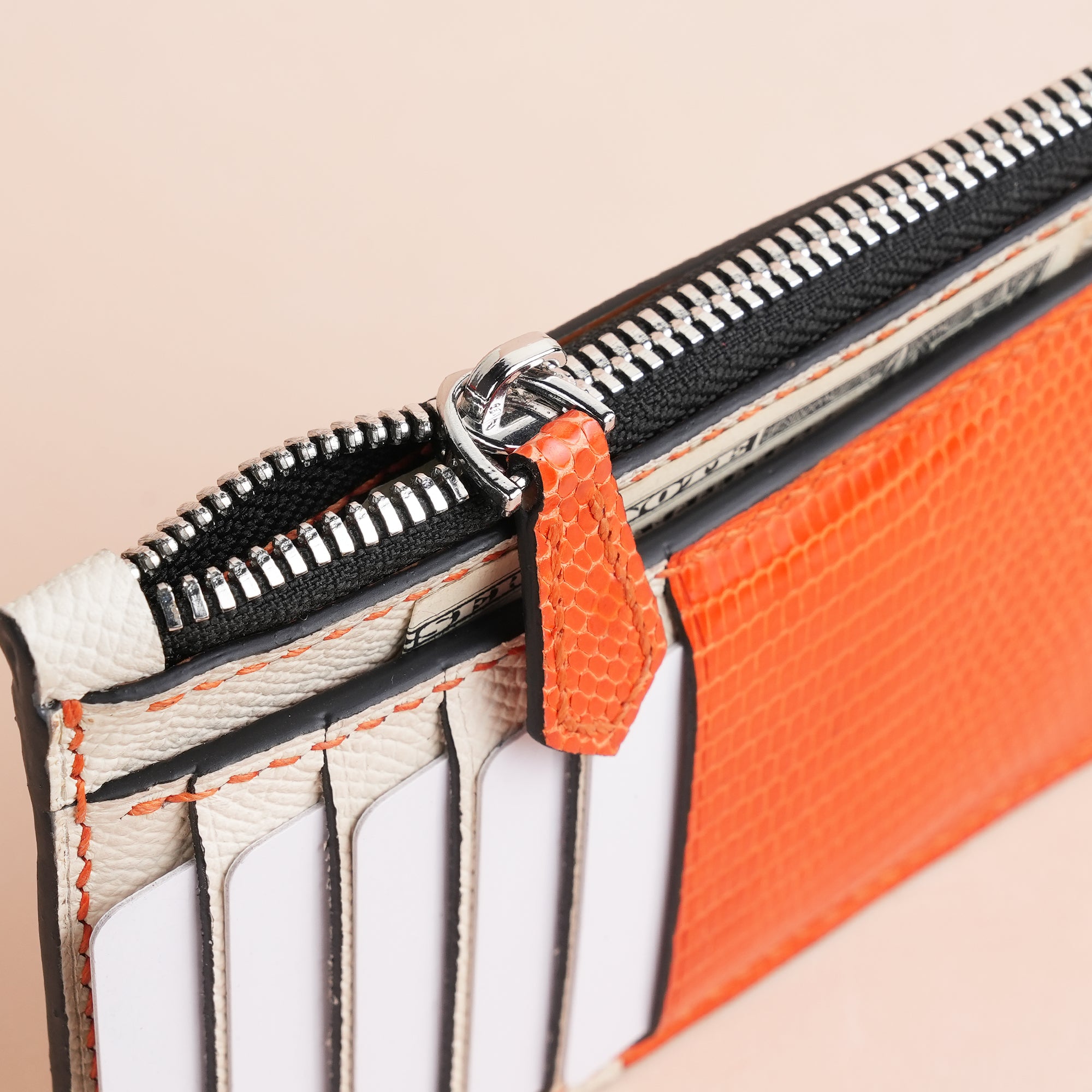 White Epsom mix Orange Lizard Leather Zipper Wallet - Extra