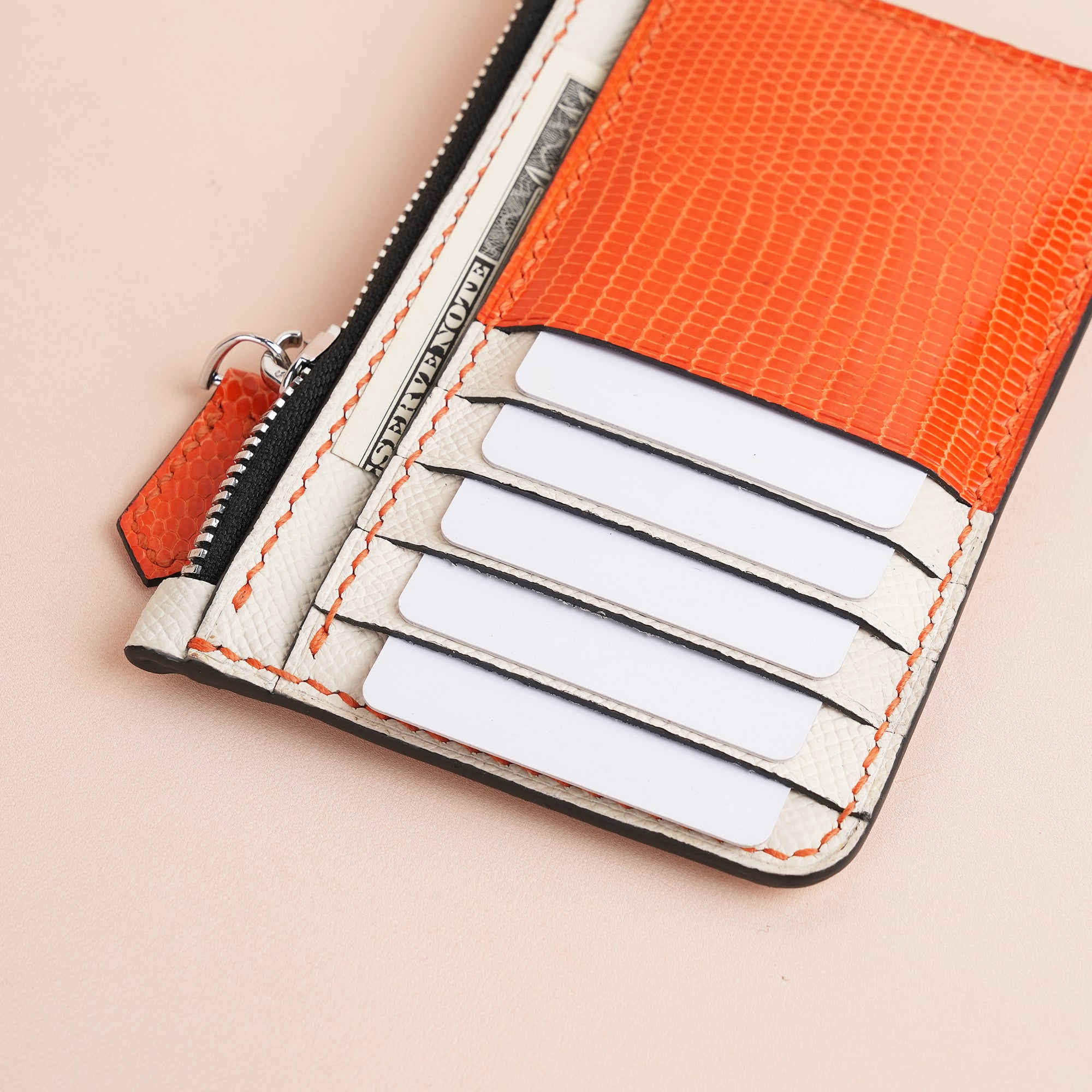 White Epsom mix Orange Lizard Leather Zipper Wallet - Extra