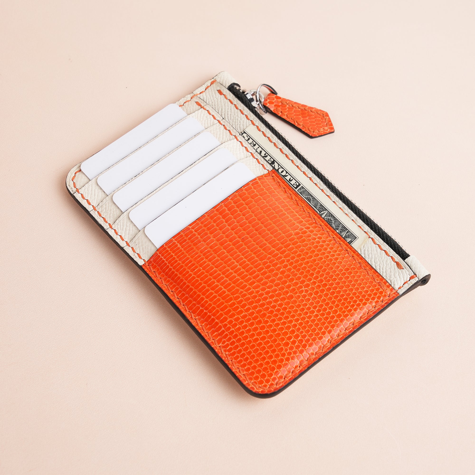 White Epsom mix Orange Lizard Leather Zipper Wallet - Extra