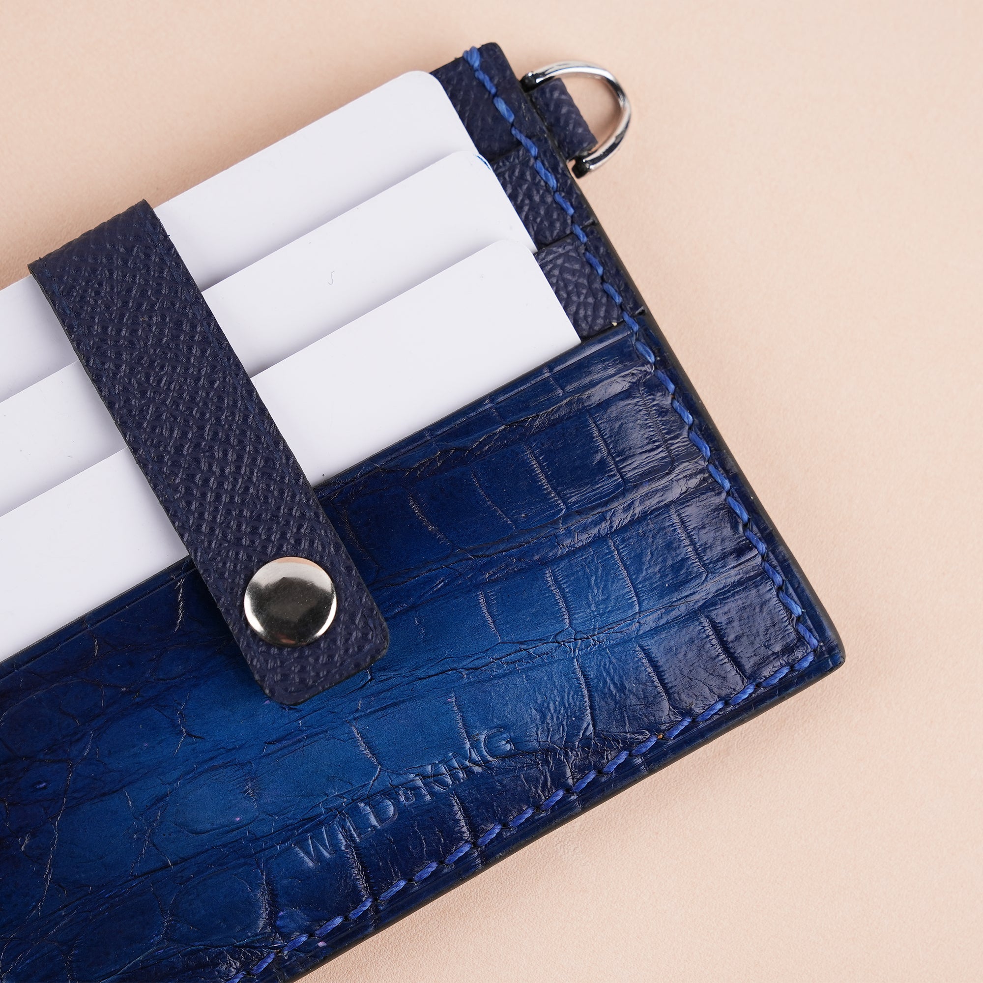 Royal Blue Alligator Leather ID Card Holder With Stud Button - Patina Finish