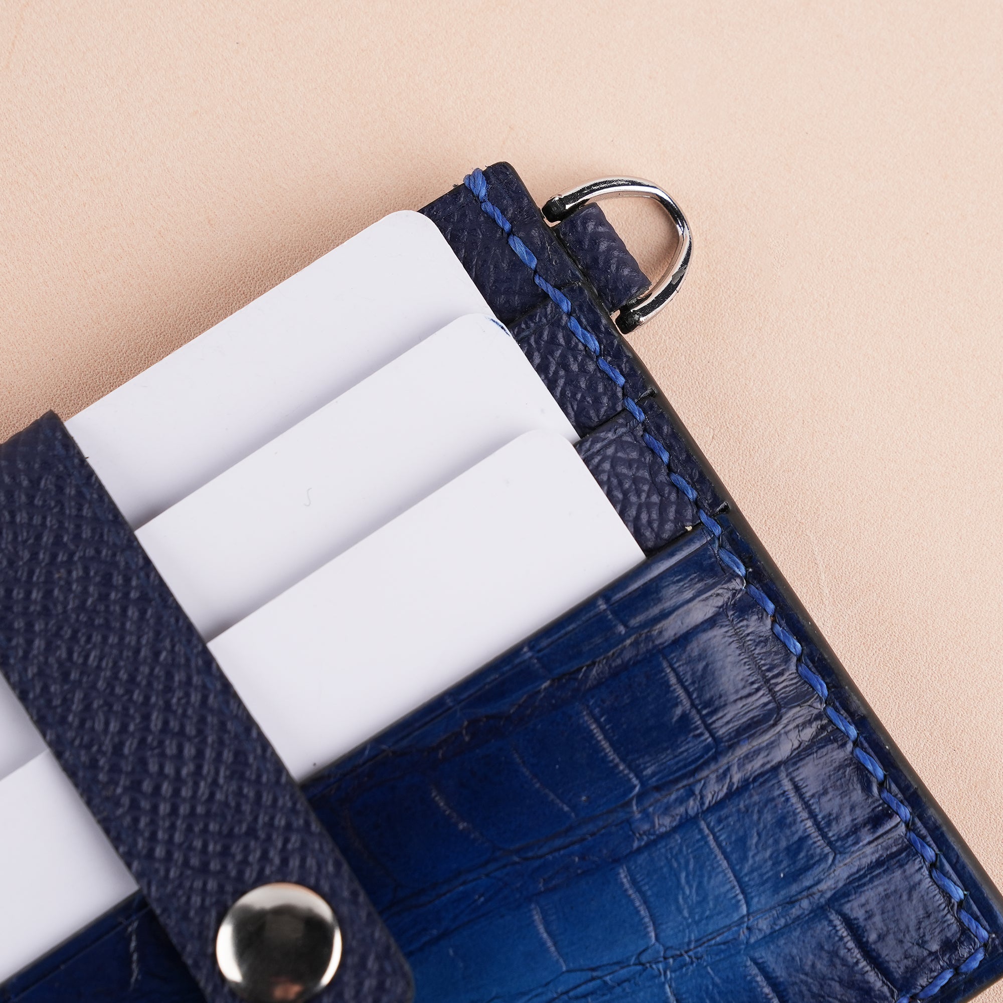 Royal Blue Alligator Leather ID Card Holder With Stud Button - Patina Finish