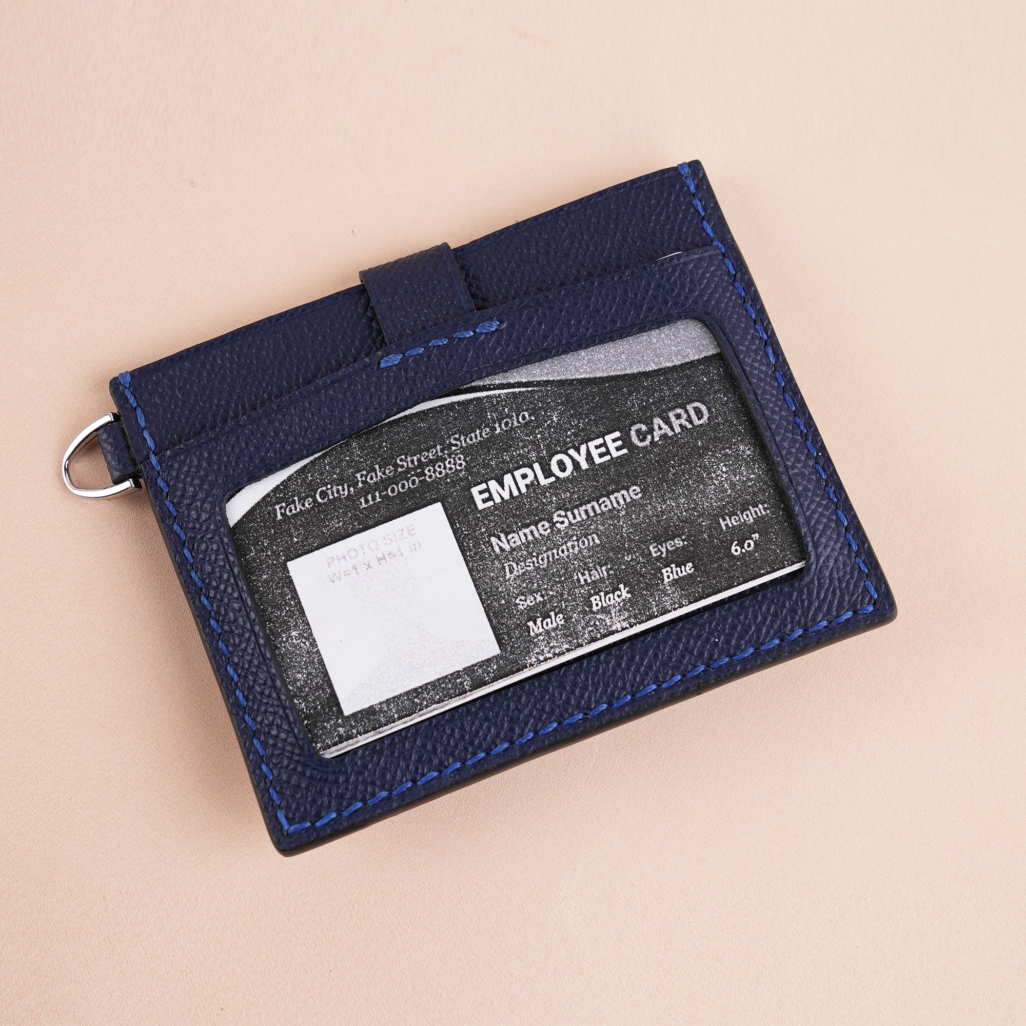 Royal Blue Alligator Leather ID Card Holder With Stud Button - Patina Finish