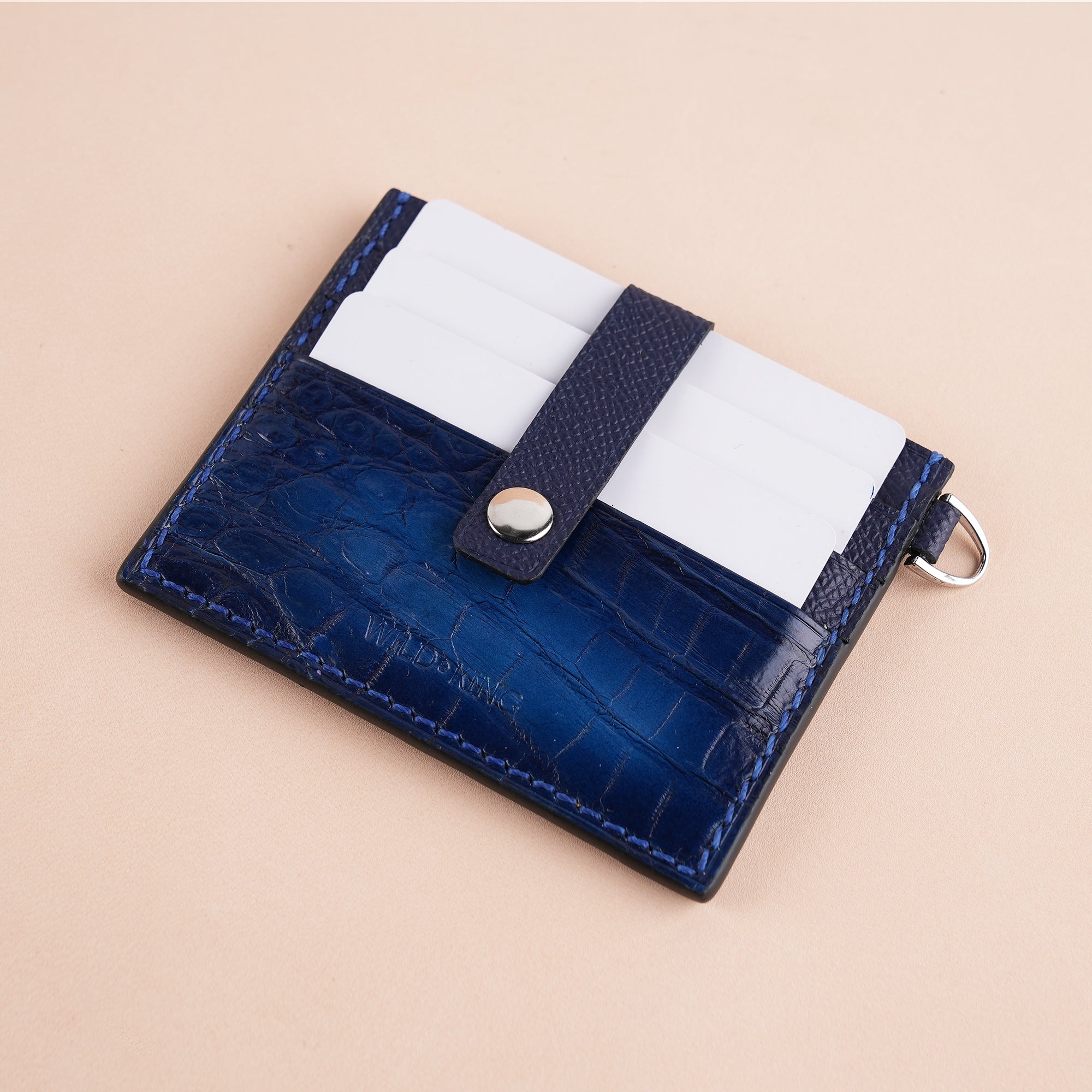 Royal Blue Alligator Leather ID Card Holder With Stud Button - Patina Finish