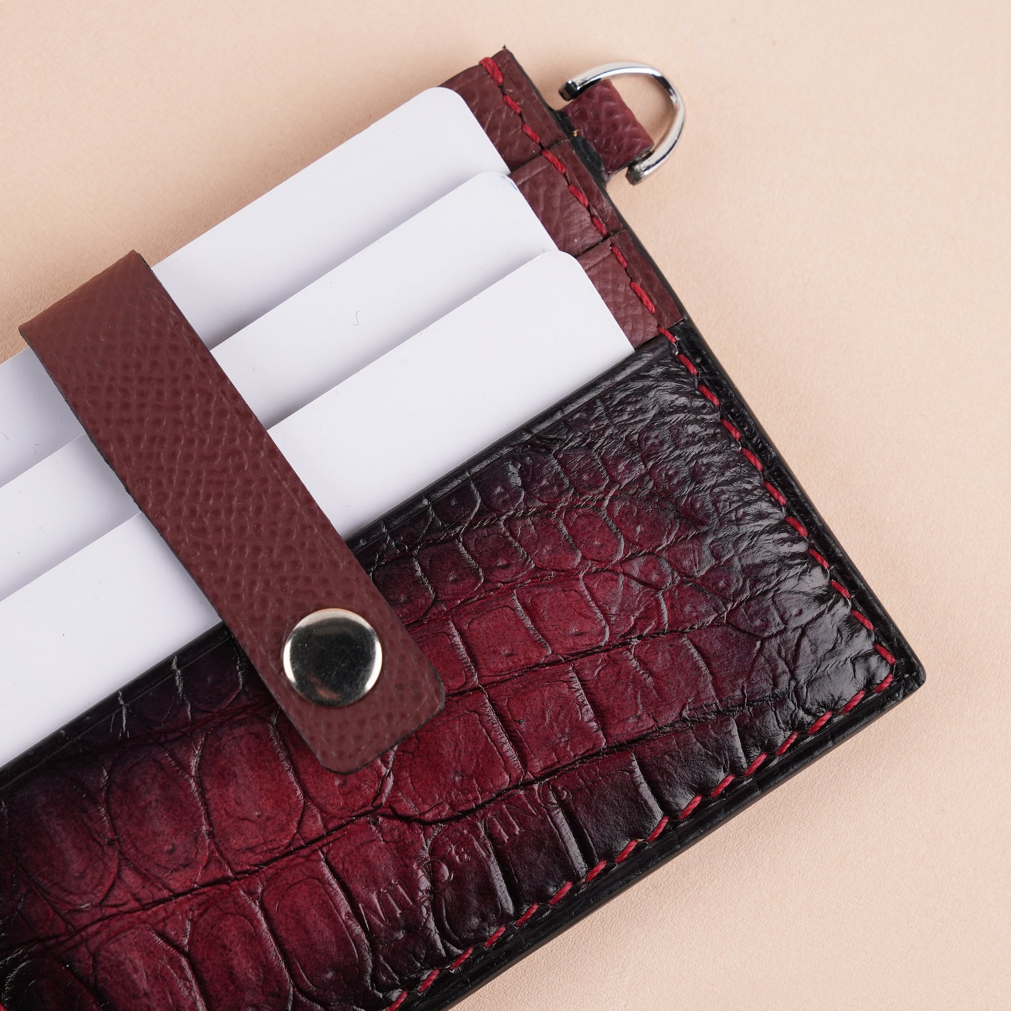 Burgundy Alligator Leather ID Card Holder With Stud Button - Patina Finish