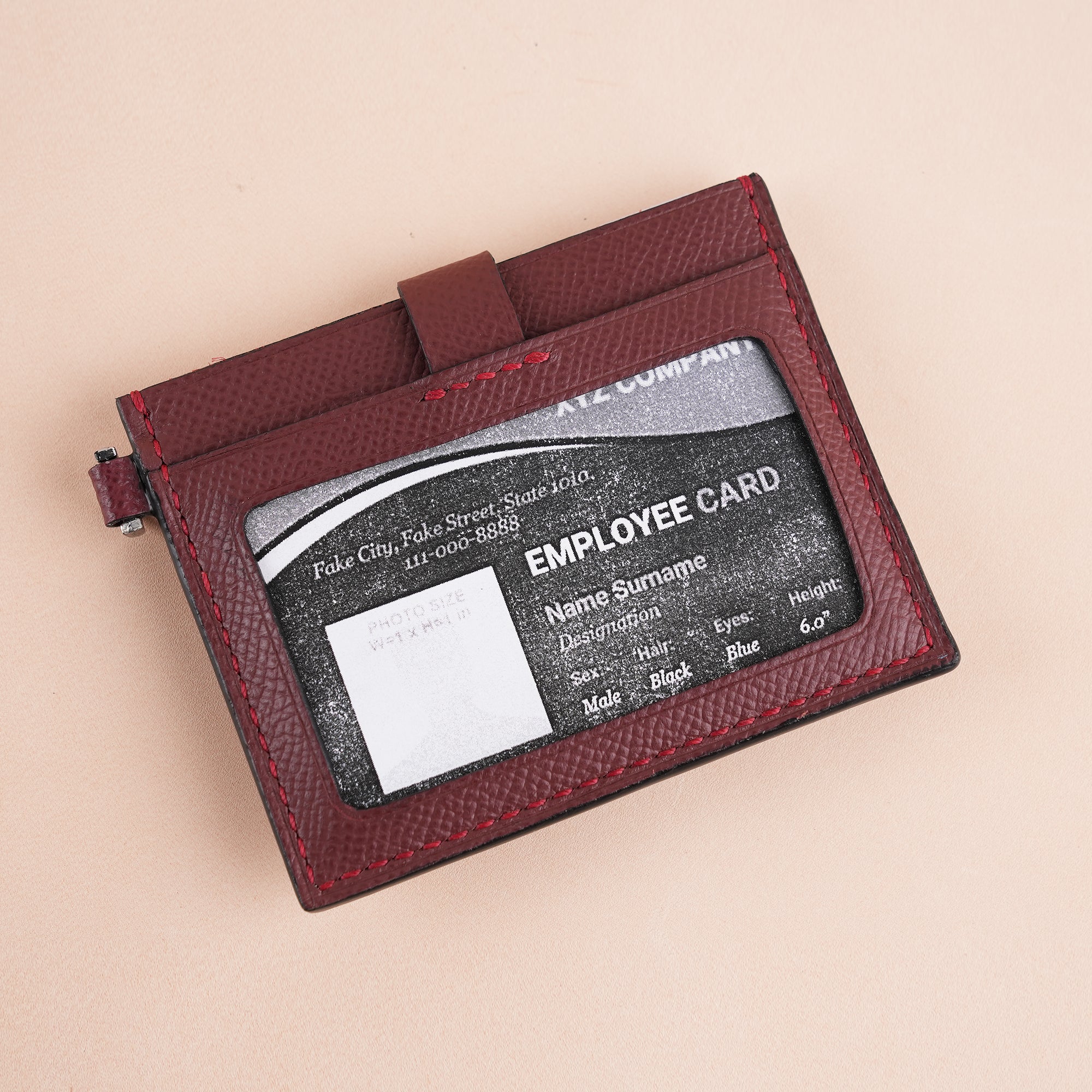Burgundy Alligator Leather ID Card Holder With Stud Button - Patina Finish