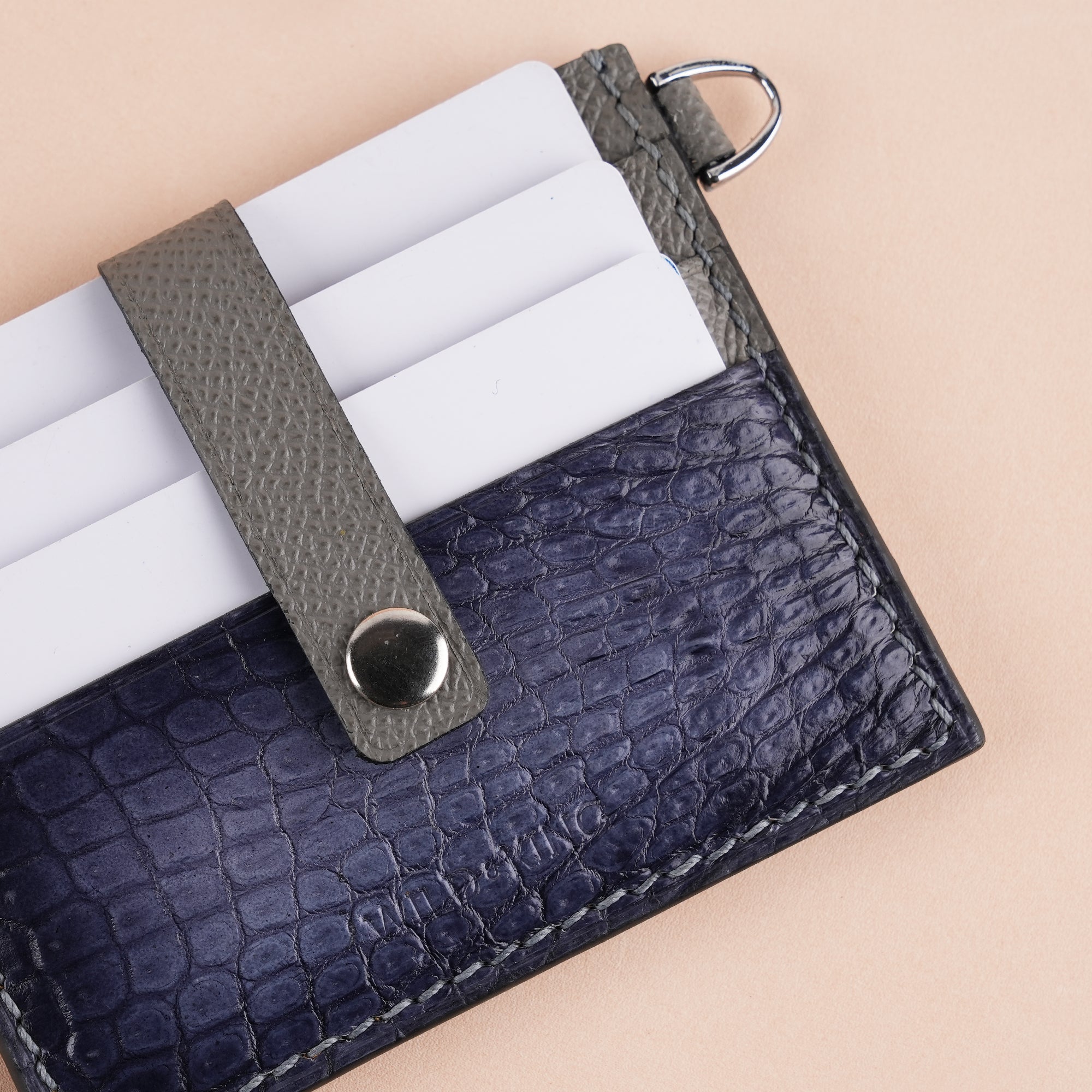 Gray Alligator Leather ID Card Holder With Stud Button - Patina Finish