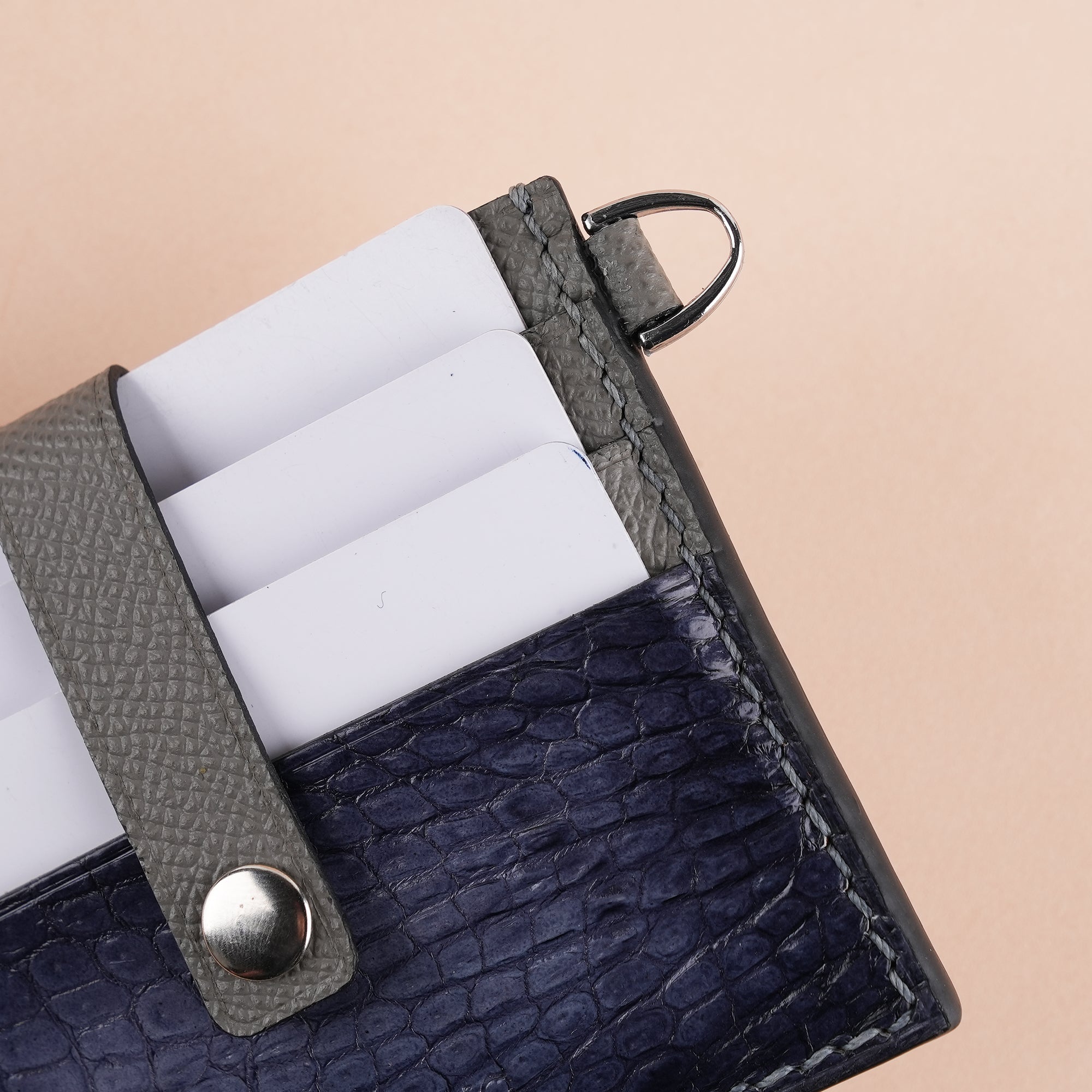 Gray Alligator Leather ID Card Holder With Stud Button - Patina Finish