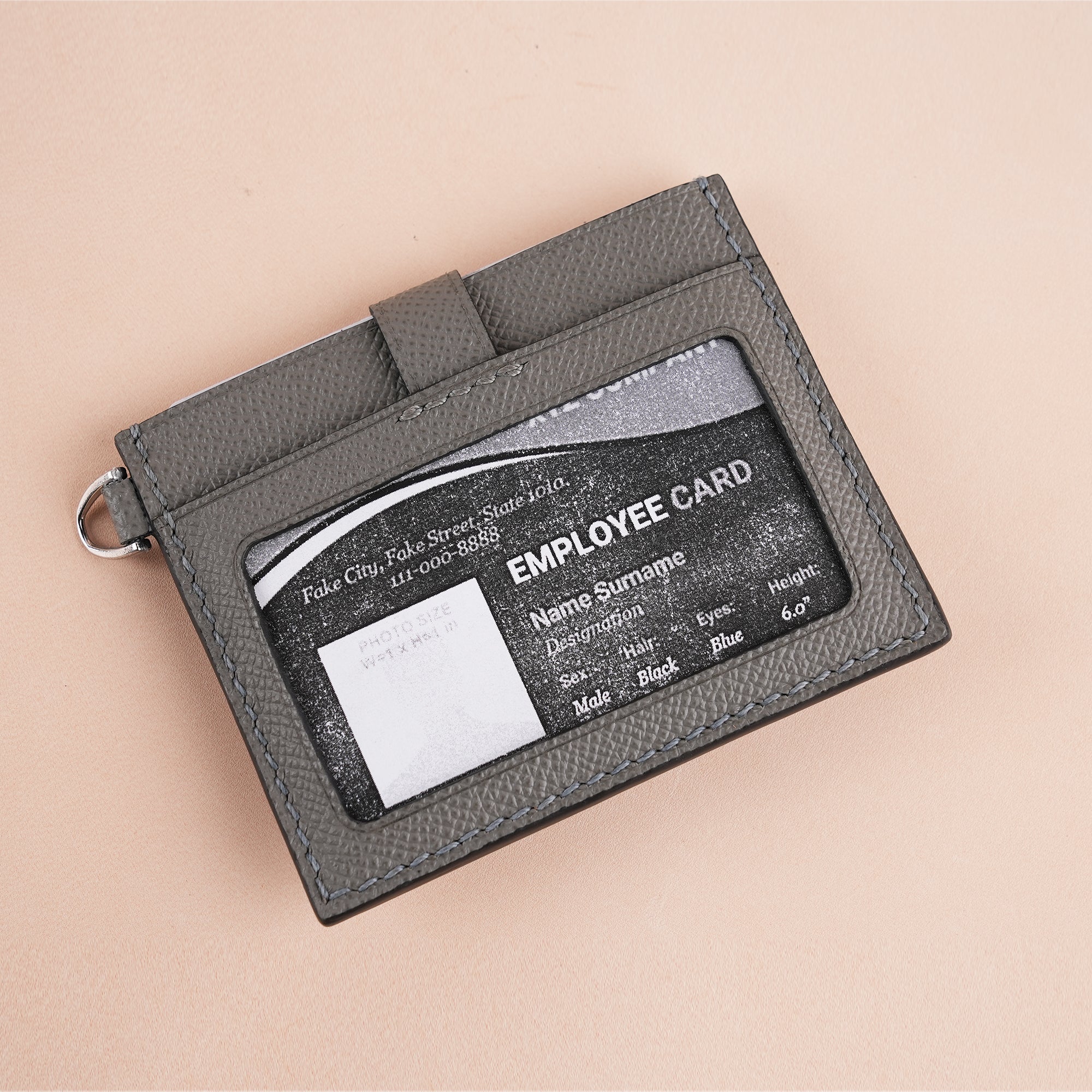 Gray Alligator Leather ID Card Holder With Stud Button - Patina Finish