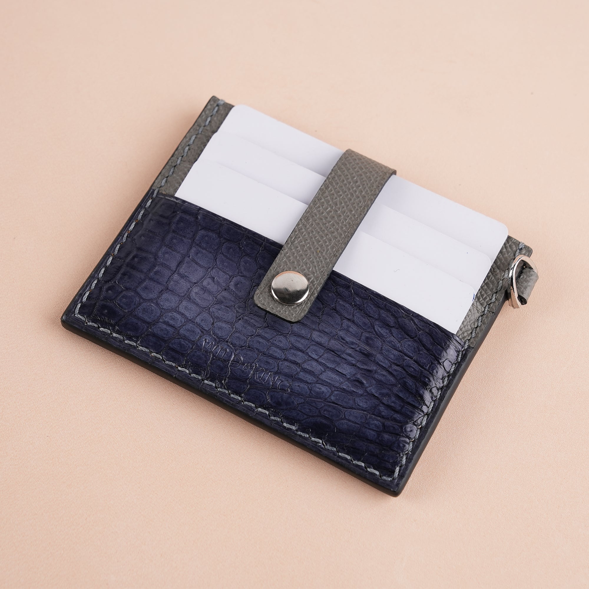 Gray Alligator Leather ID Card Holder With Stud Button - Patina Finish