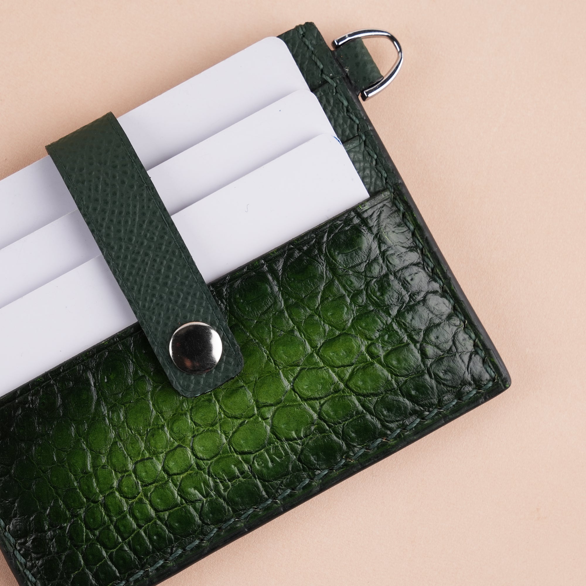 Green Alligator Leather ID Card Holder With Stud Button - Patina Finish