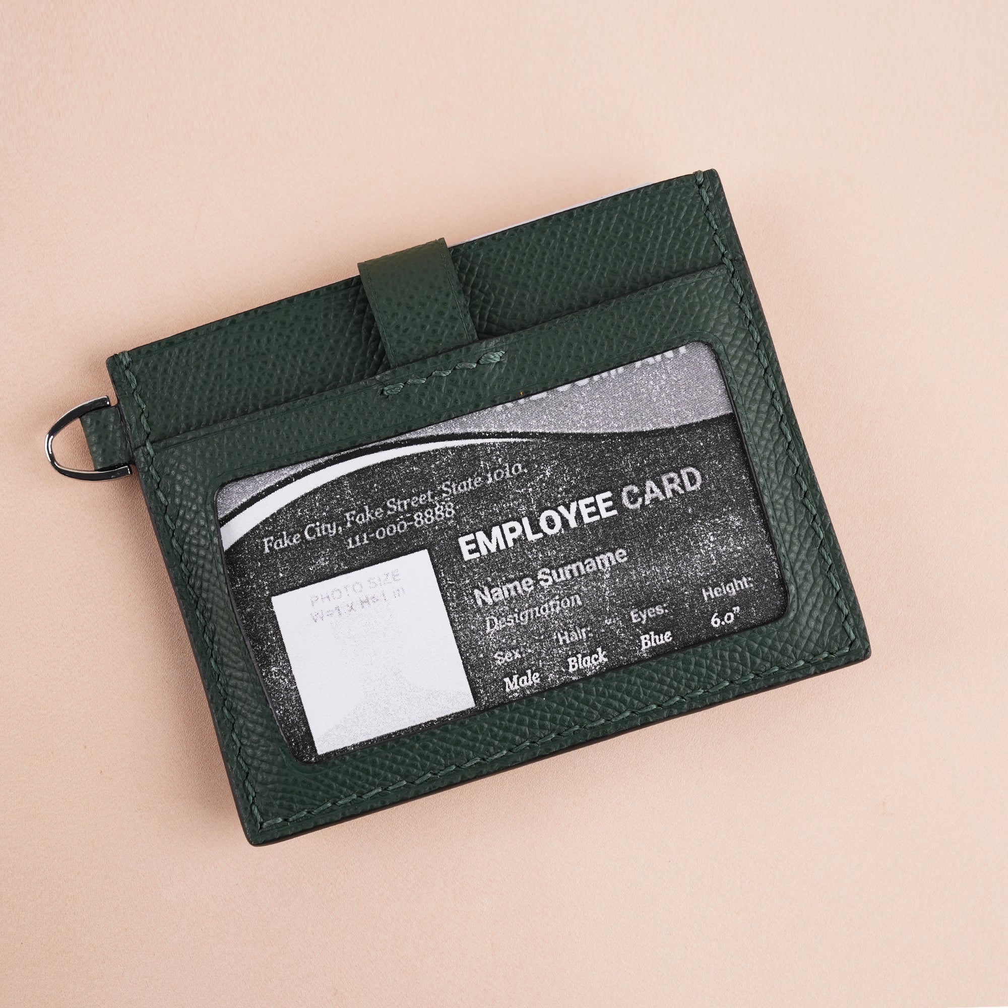 Green Alligator Leather ID Card Holder With Stud Button - Patina Finish