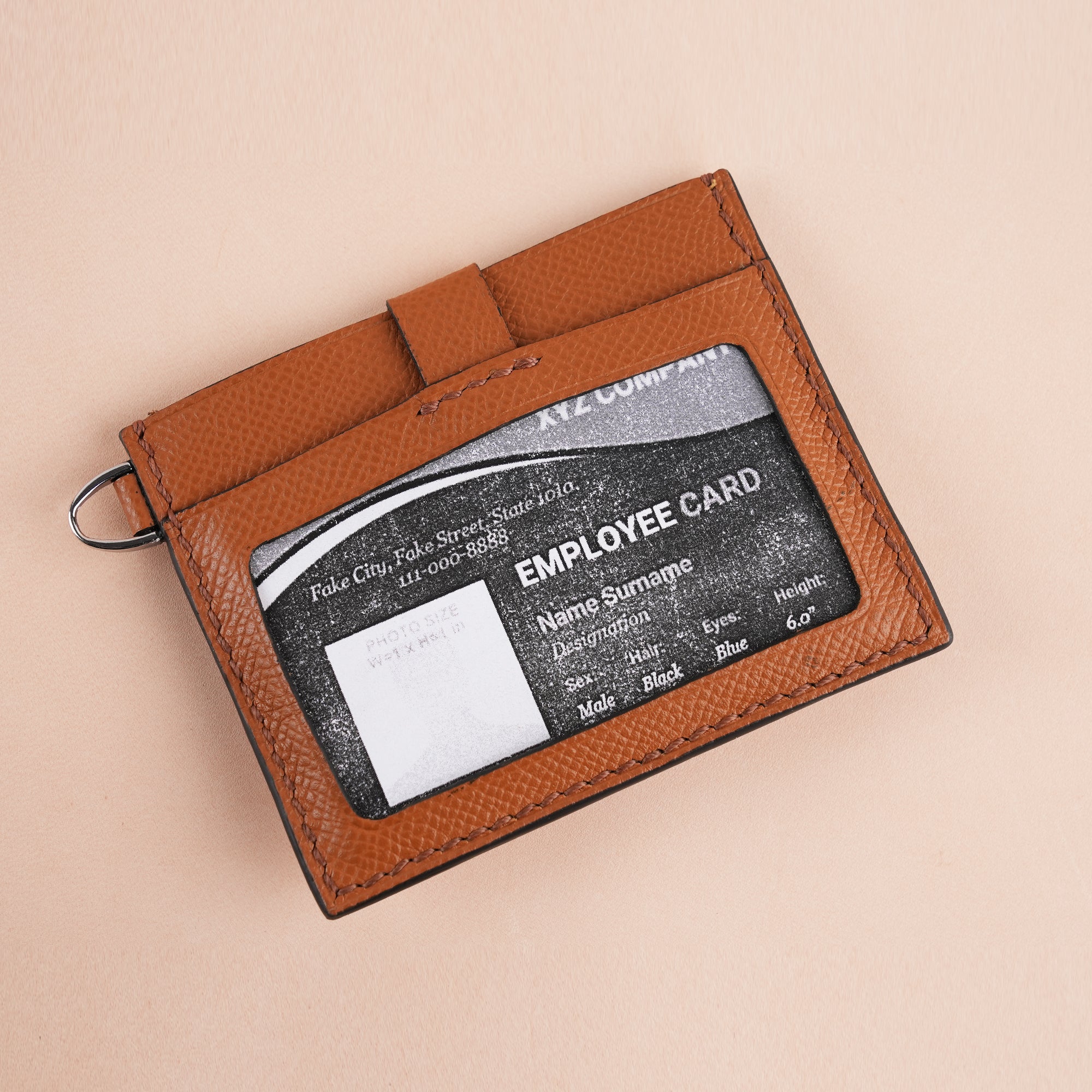 Tan Alligator Leather ID Card Holder  With Stud Button - Patina Finish