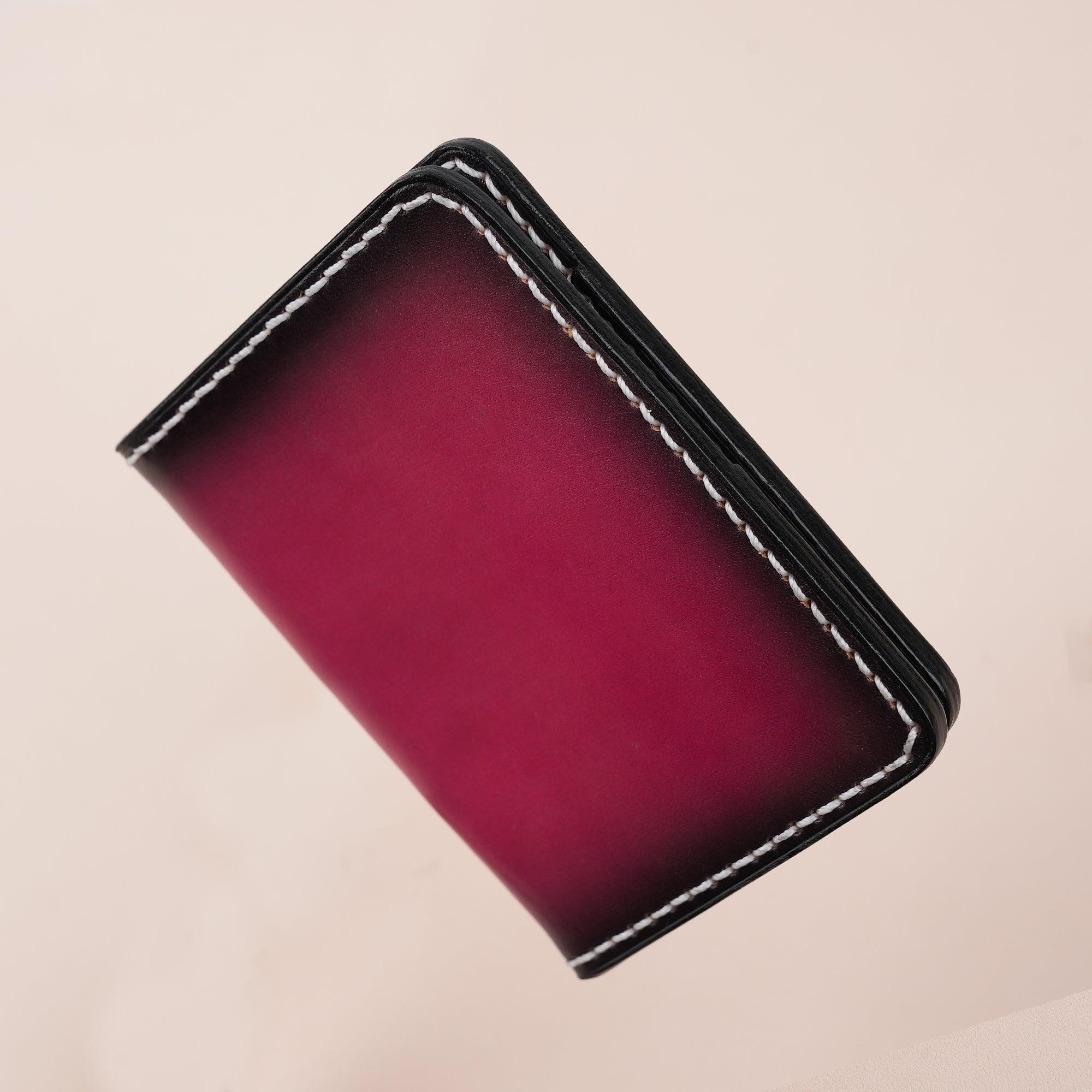Patina Dark Pink Leather Bifold Card Wallet Minimalist - WildandKing