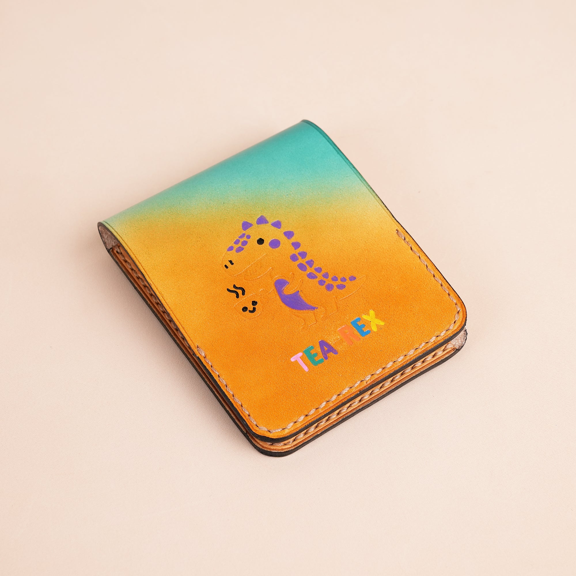 Mint Green Leather Snap Wallet Tea-Rex Design - Patina Finish