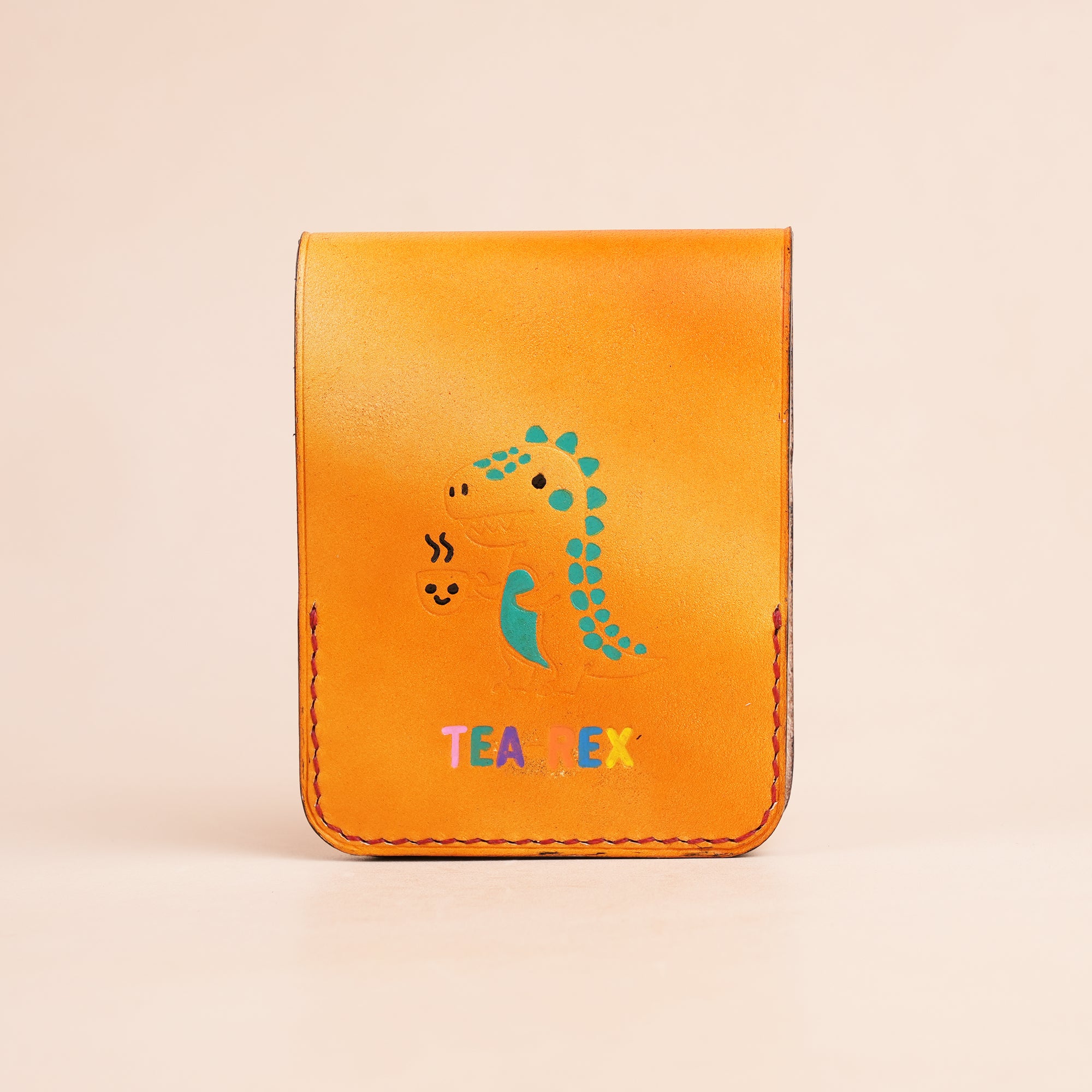Orange Leather Snap Wallet Tea-Rex Design - Patina Finish