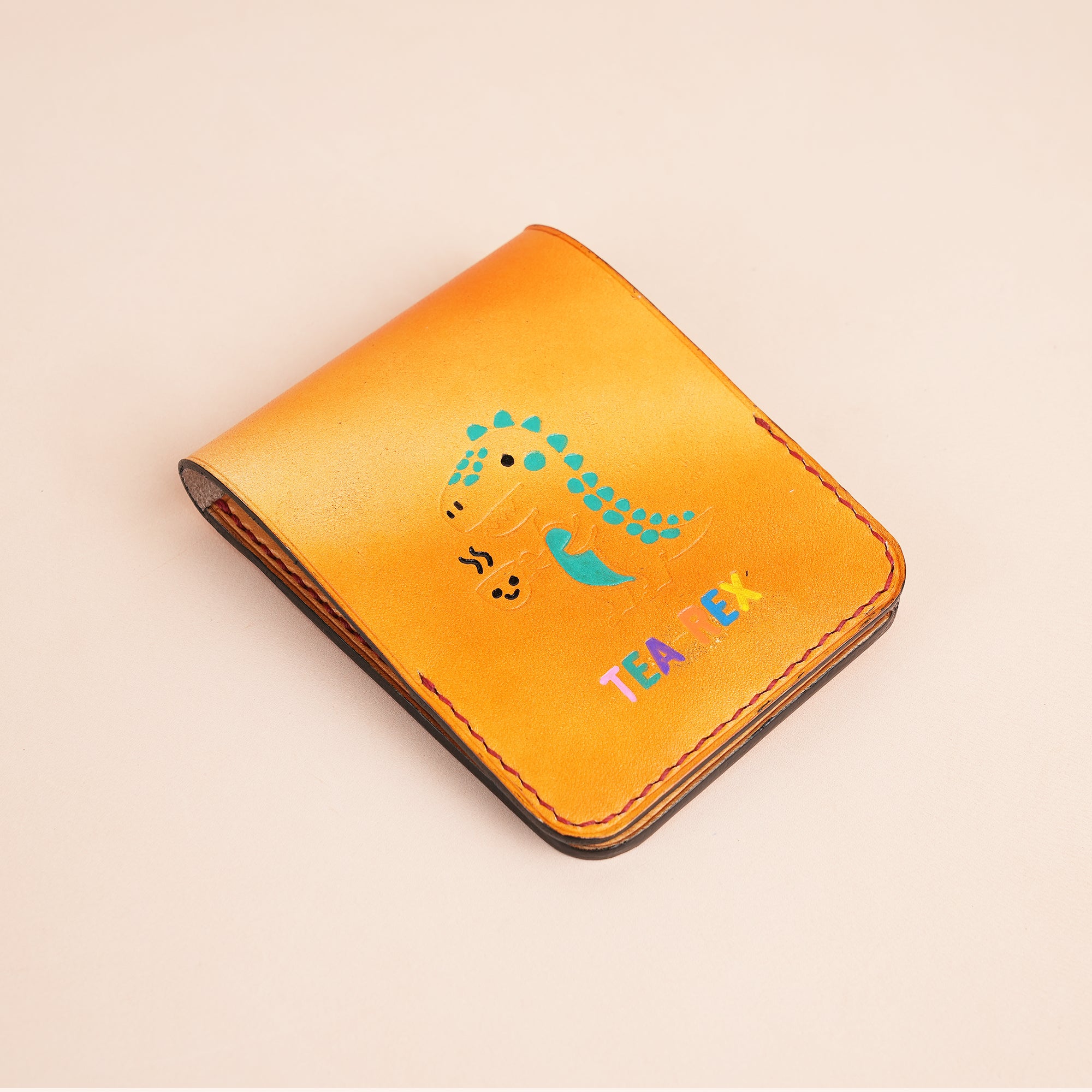 Orange Leather Snap Wallet Tea-Rex Design - Patina Finish