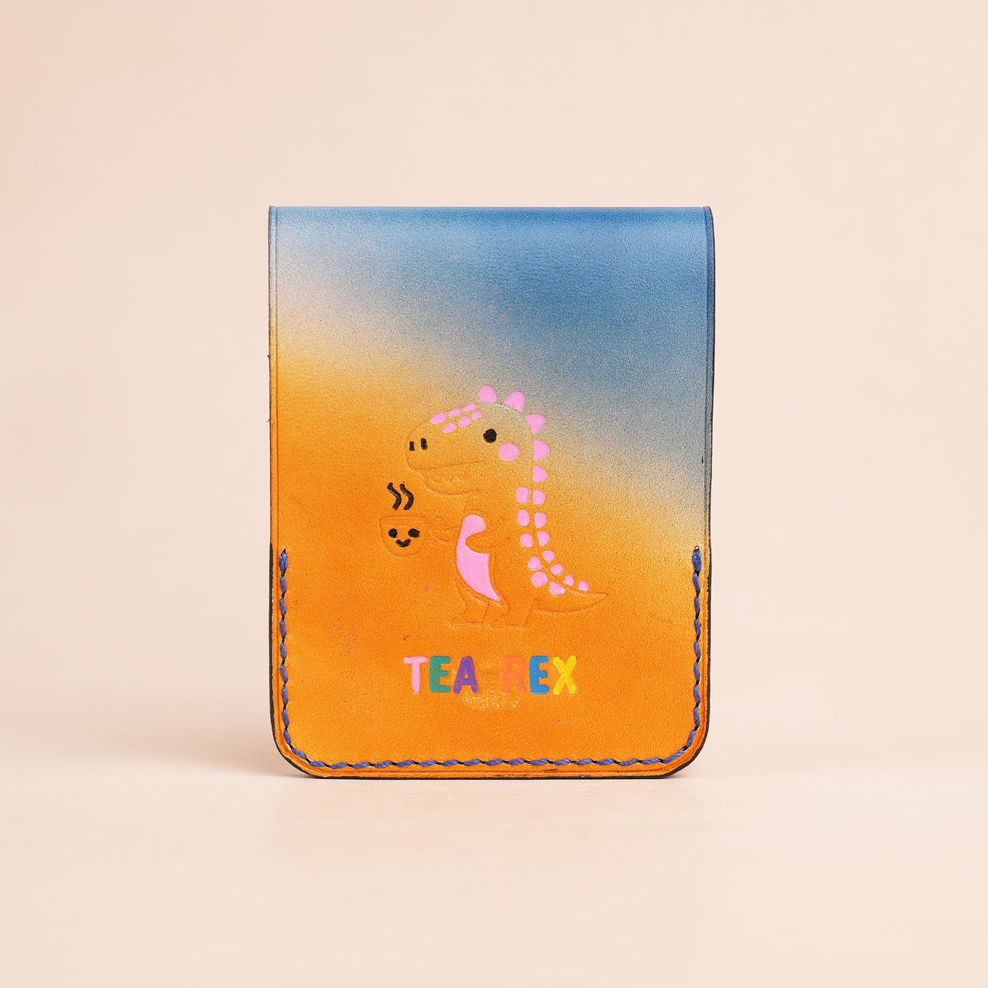 Blue Leather Snap Wallet Tea-Rex Design - Patina Finish