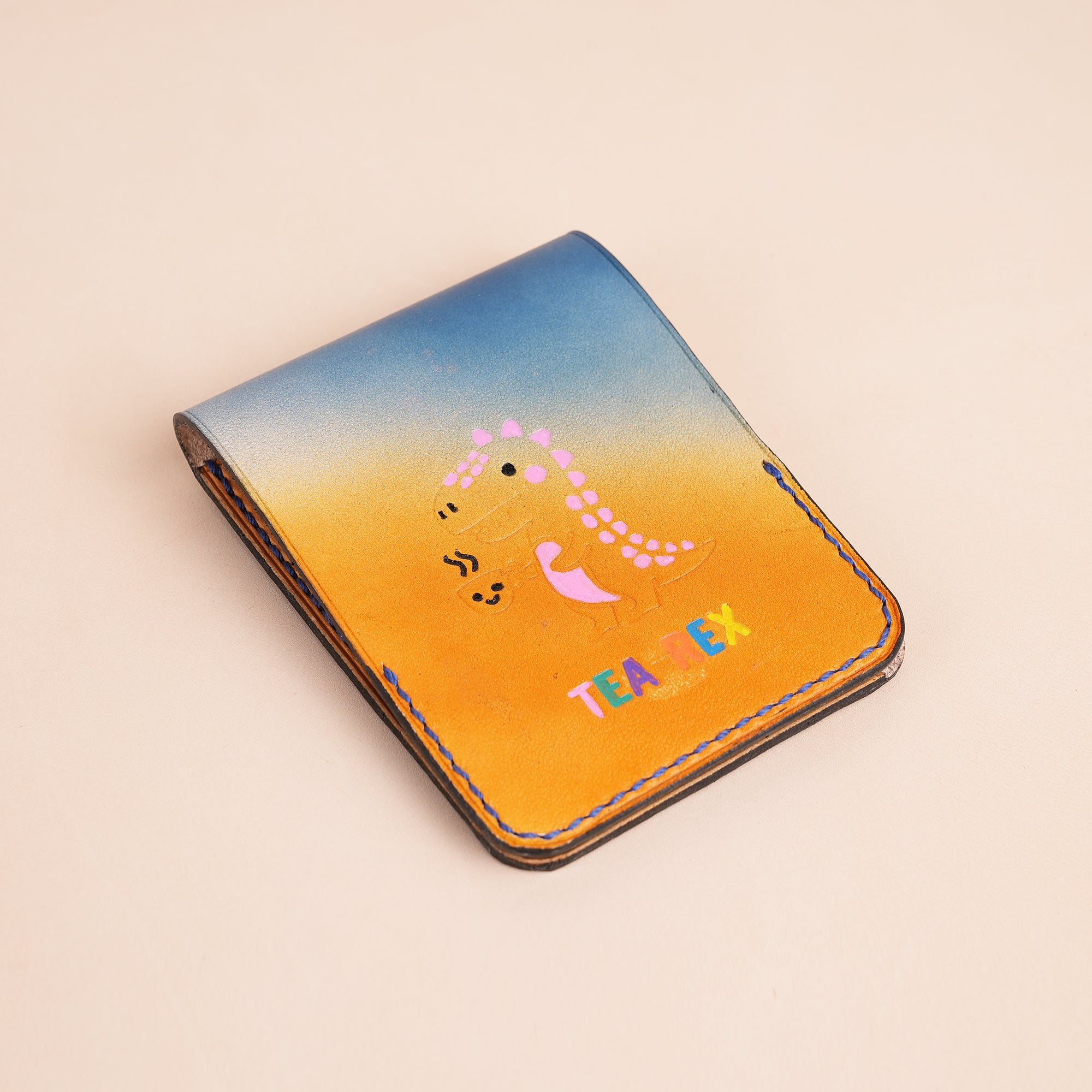 Blue Leather Snap Wallet Tea-Rex Design - Patina Finish