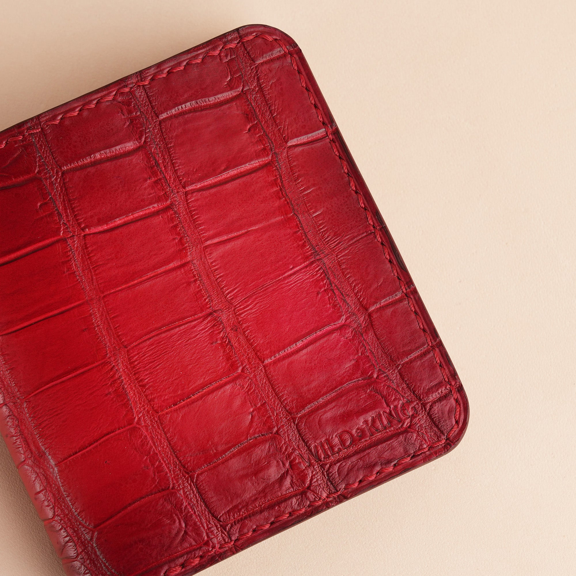 Square Shape Red Crocodile Leather Bifold Wallet - Patina Finish