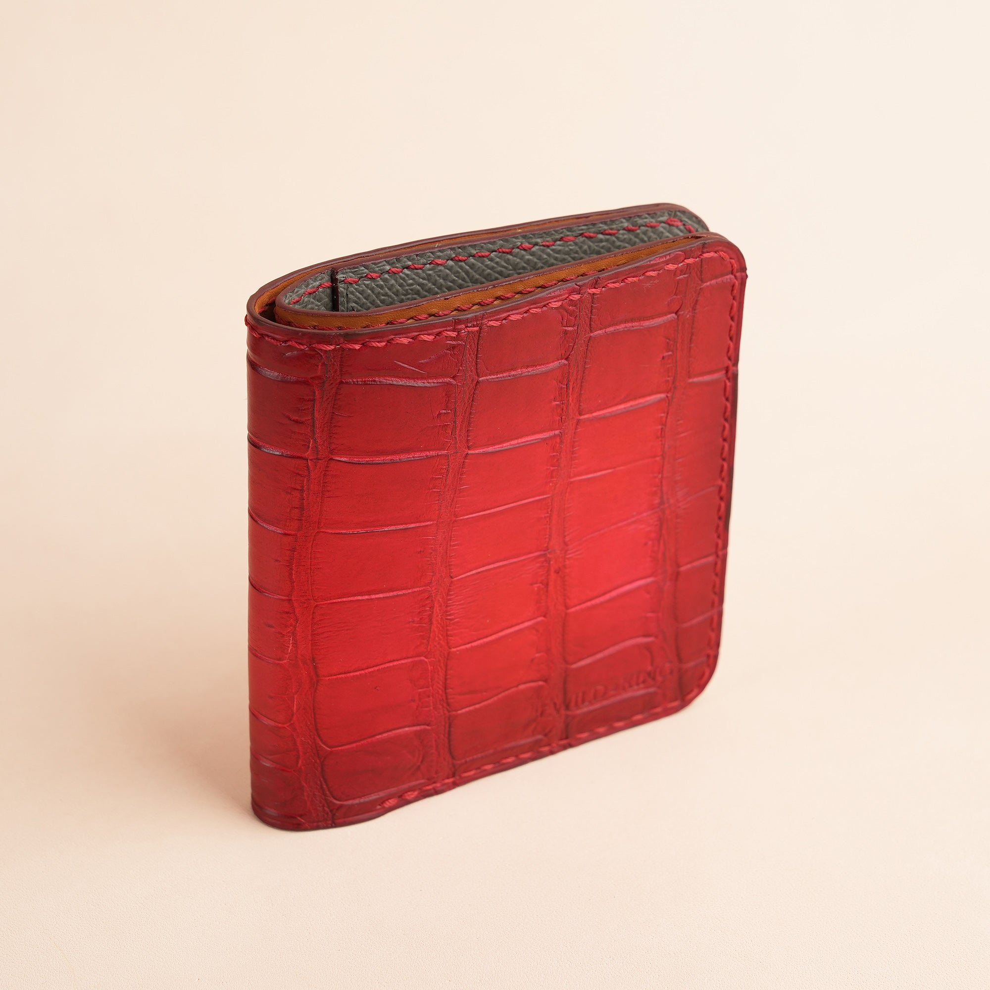 Square Shape Red Crocodile Leather Bifold Wallet - Patina Finish