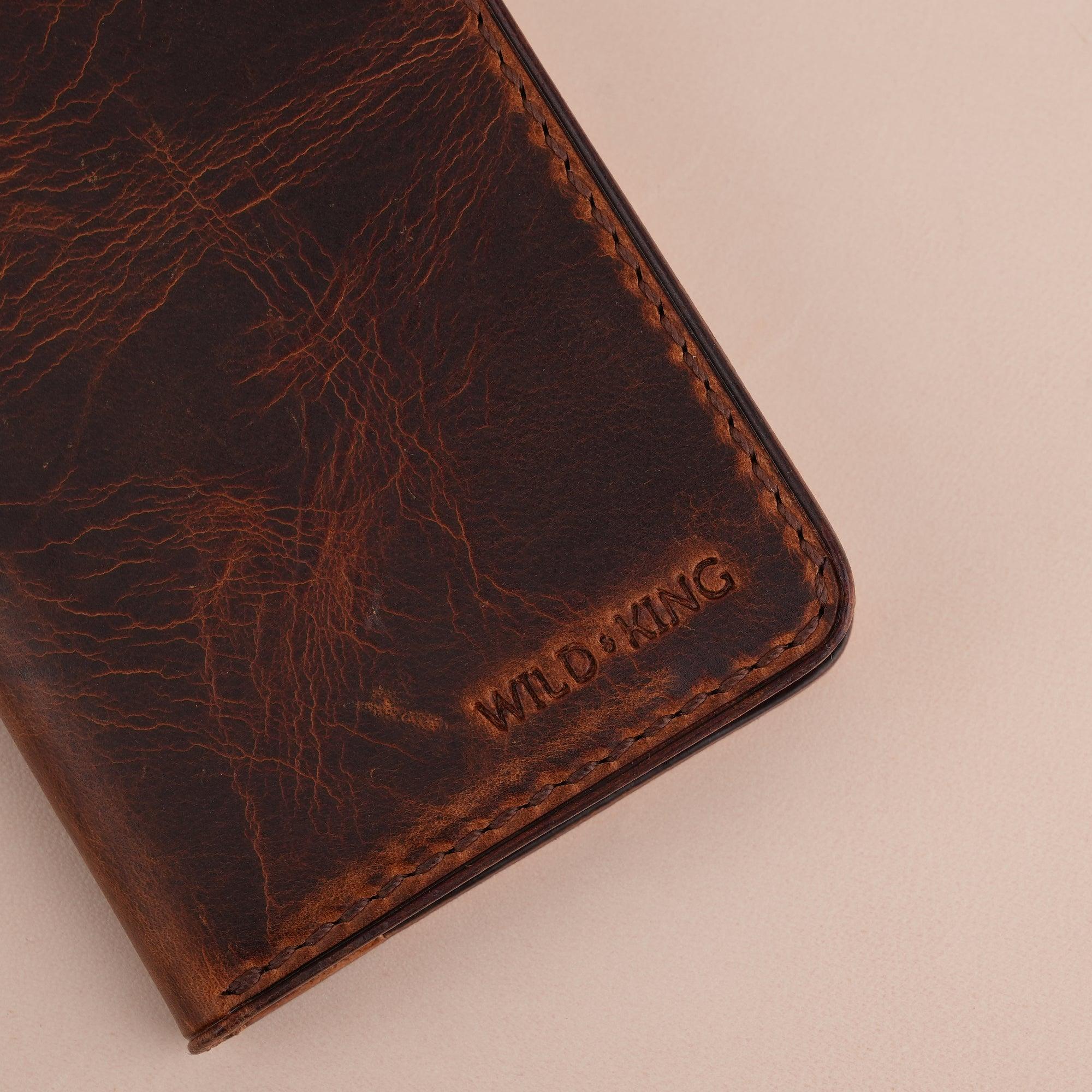 Brown Waxed Leather Bifold Card Wallet Minimalist - WildandKing