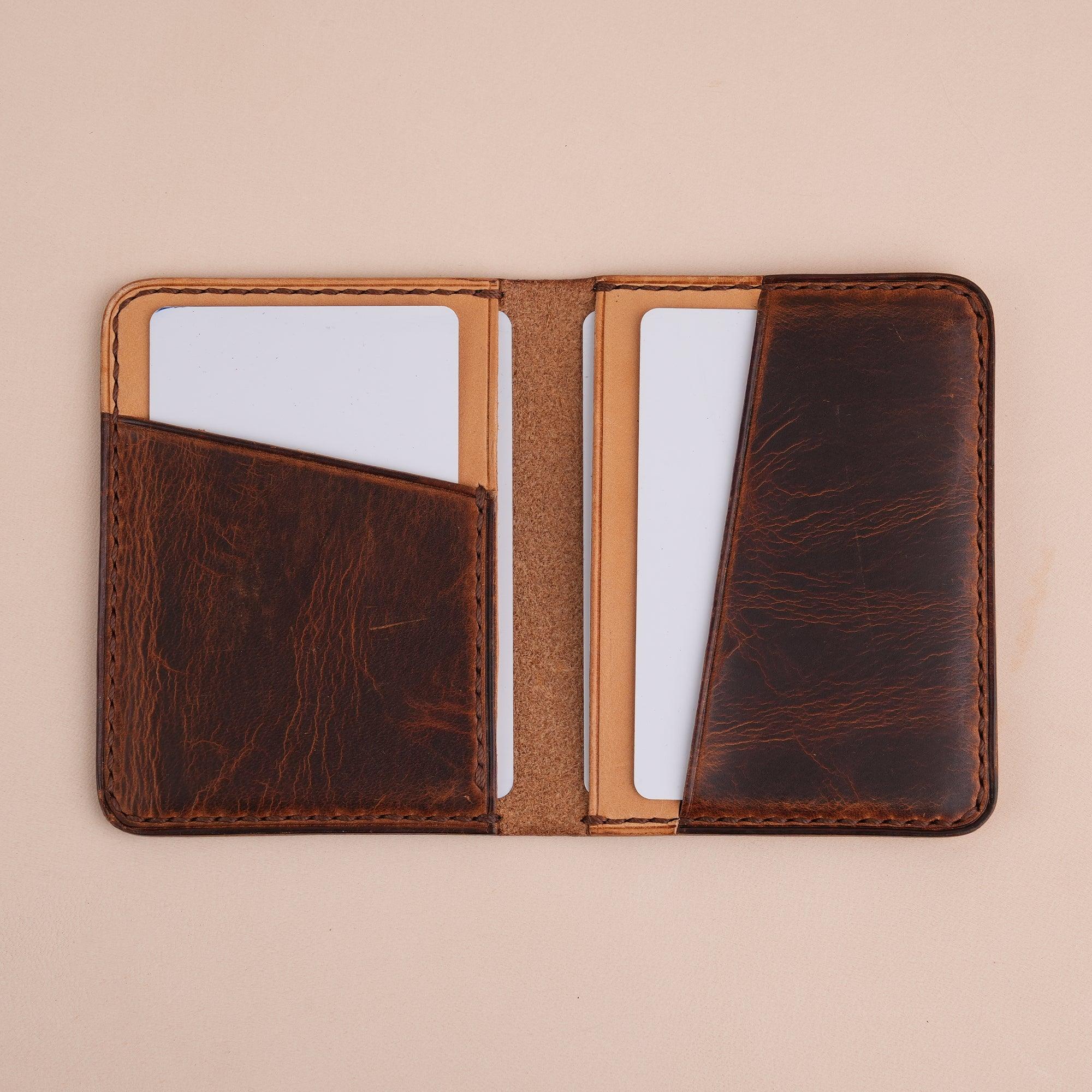 Brown Waxed Leather Bifold Card Wallet Minimalist - WildandKing