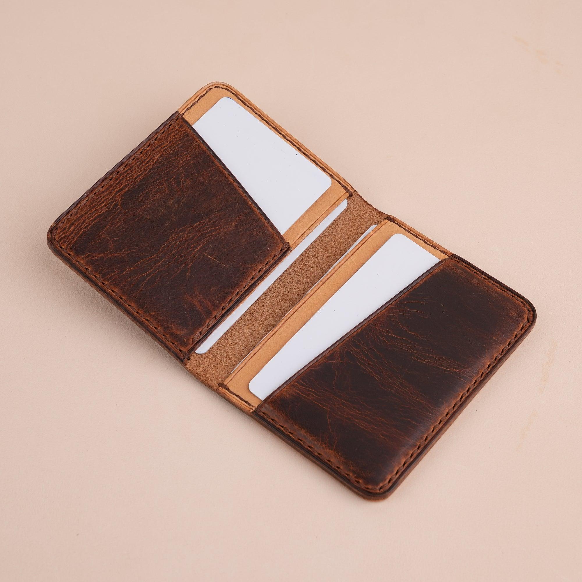 Brown Waxed Leather Bifold Card Wallet Minimalist - WildandKing