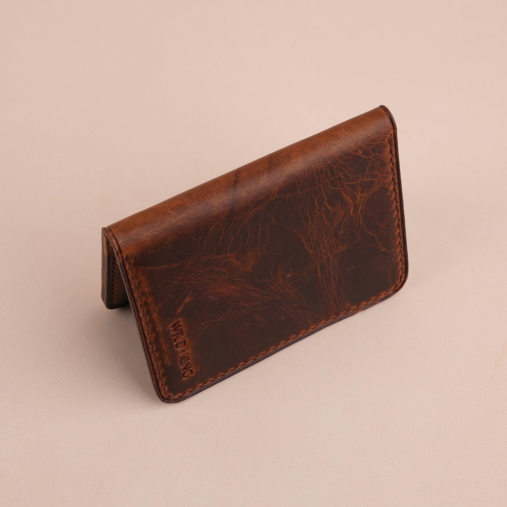Brown Waxed Leather Bifold Card Wallet Minimalist - WildandKing